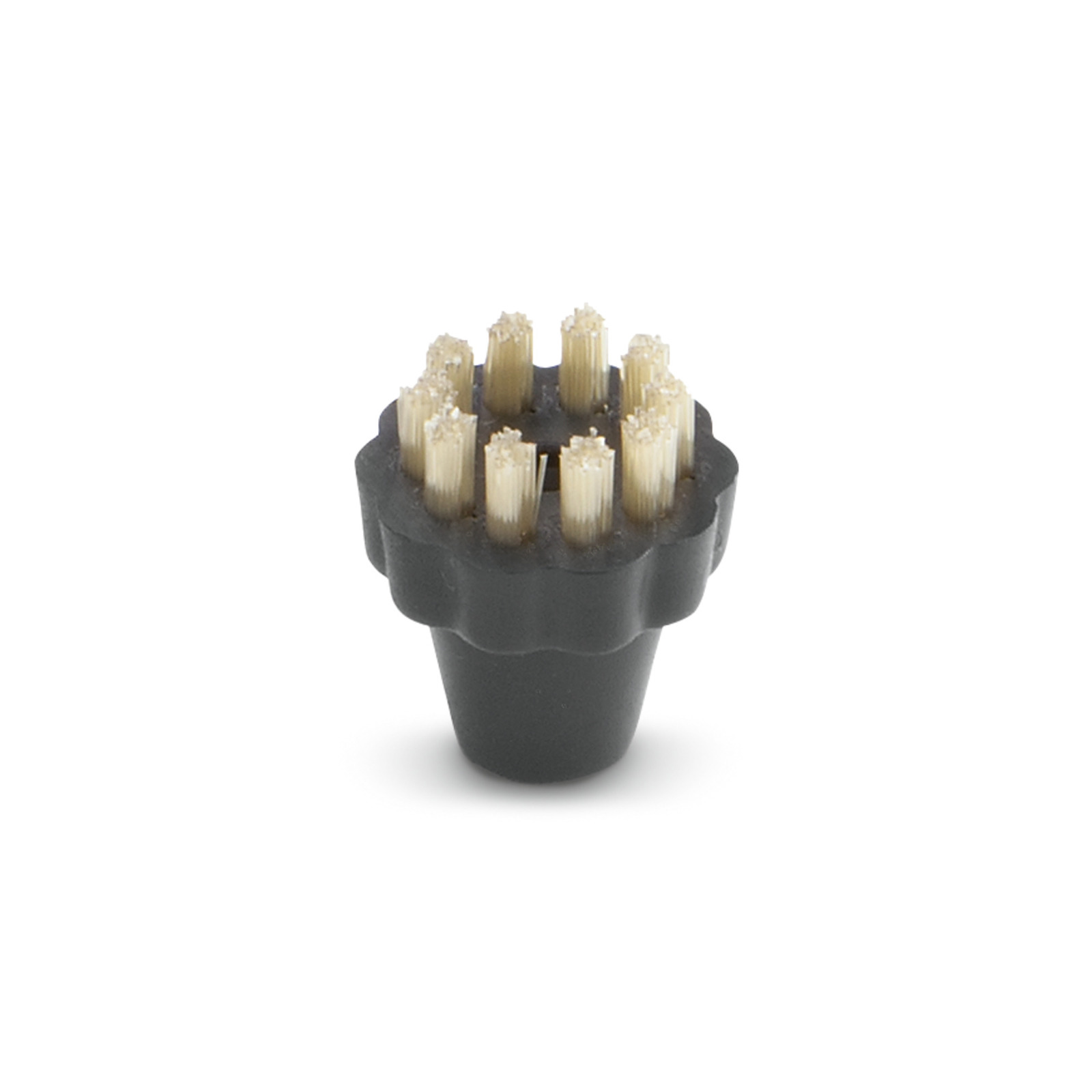 Black Kärcher round brush with stiff bristles, isolated on a white background. Black Kärcher round brush with stiff bristles, isolated on a white background.