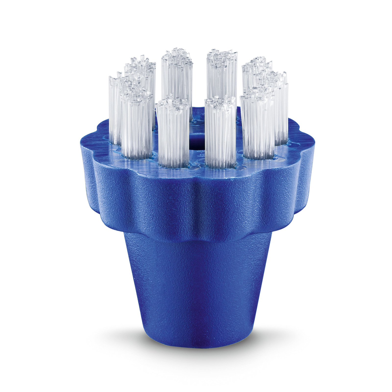 Blue Kärcher brush attachment with white bristles, designed for cleaning purposes, isolated on a white background.