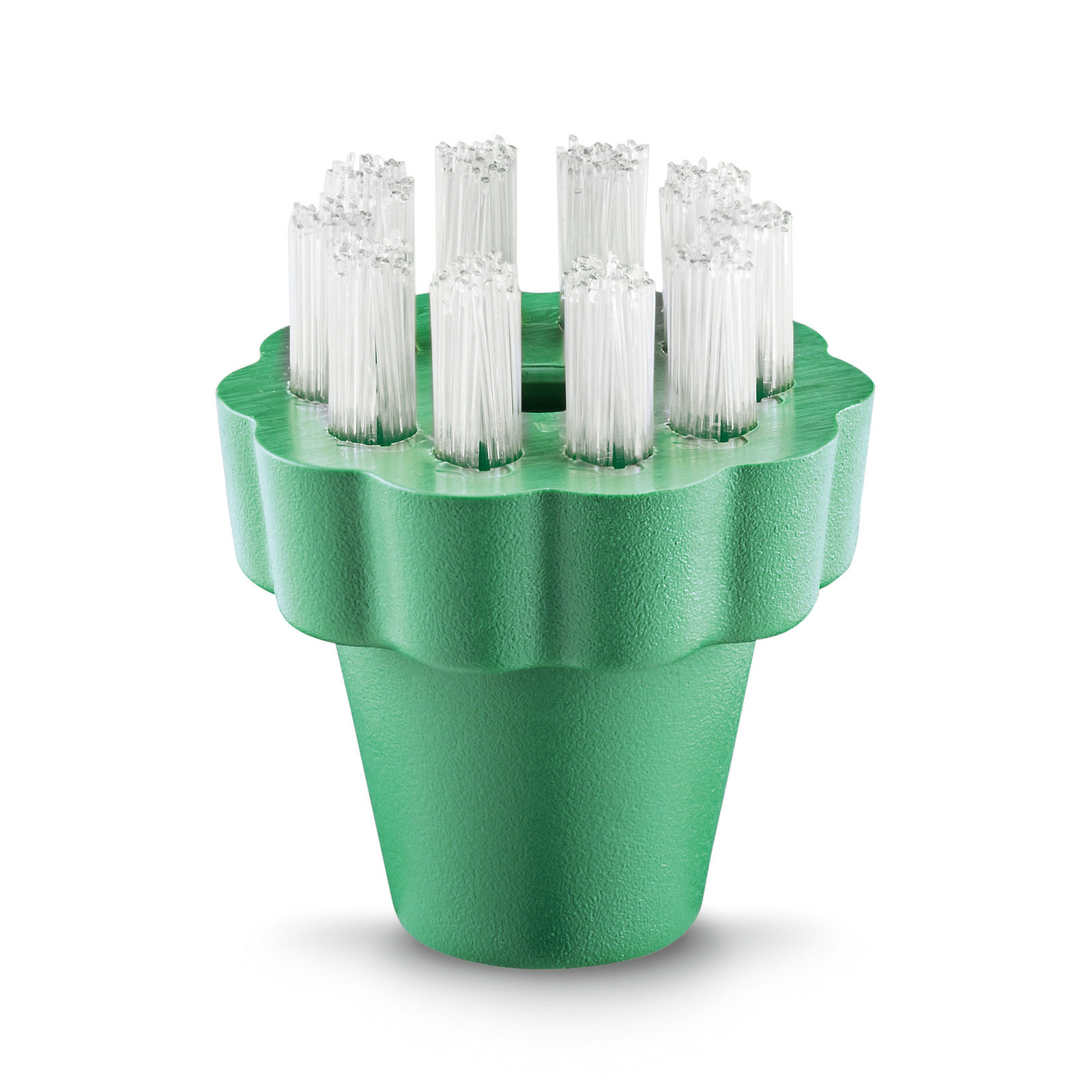 Green Kärcher brush attachment with white bristles, featuring a flower-like design, isolated on a white background. Green Kärcher brush attachment with white bristles, featuring a flower-like design, isolated on a white background.
