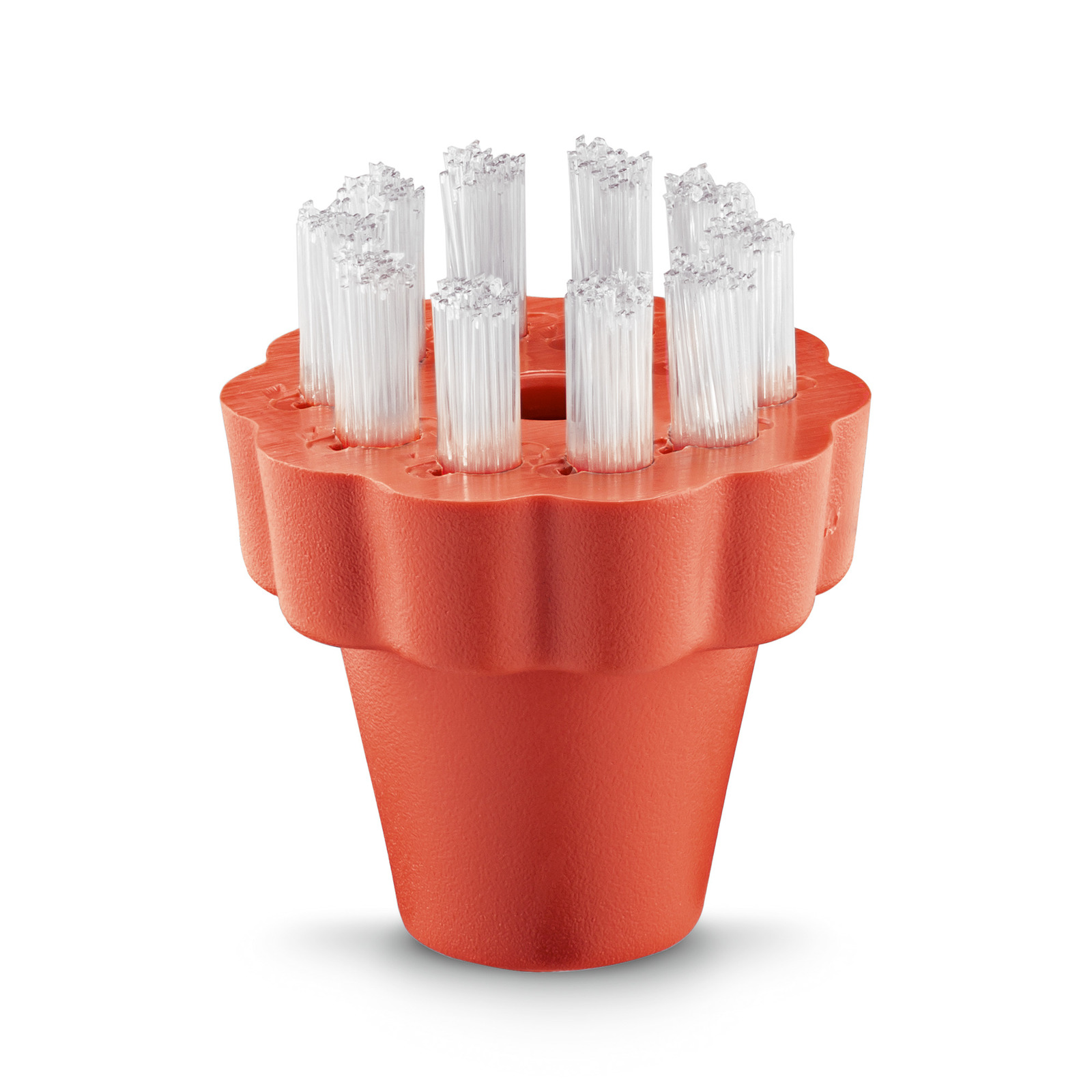 Red Kärcher round brush with white bristles, isolated on a white background.