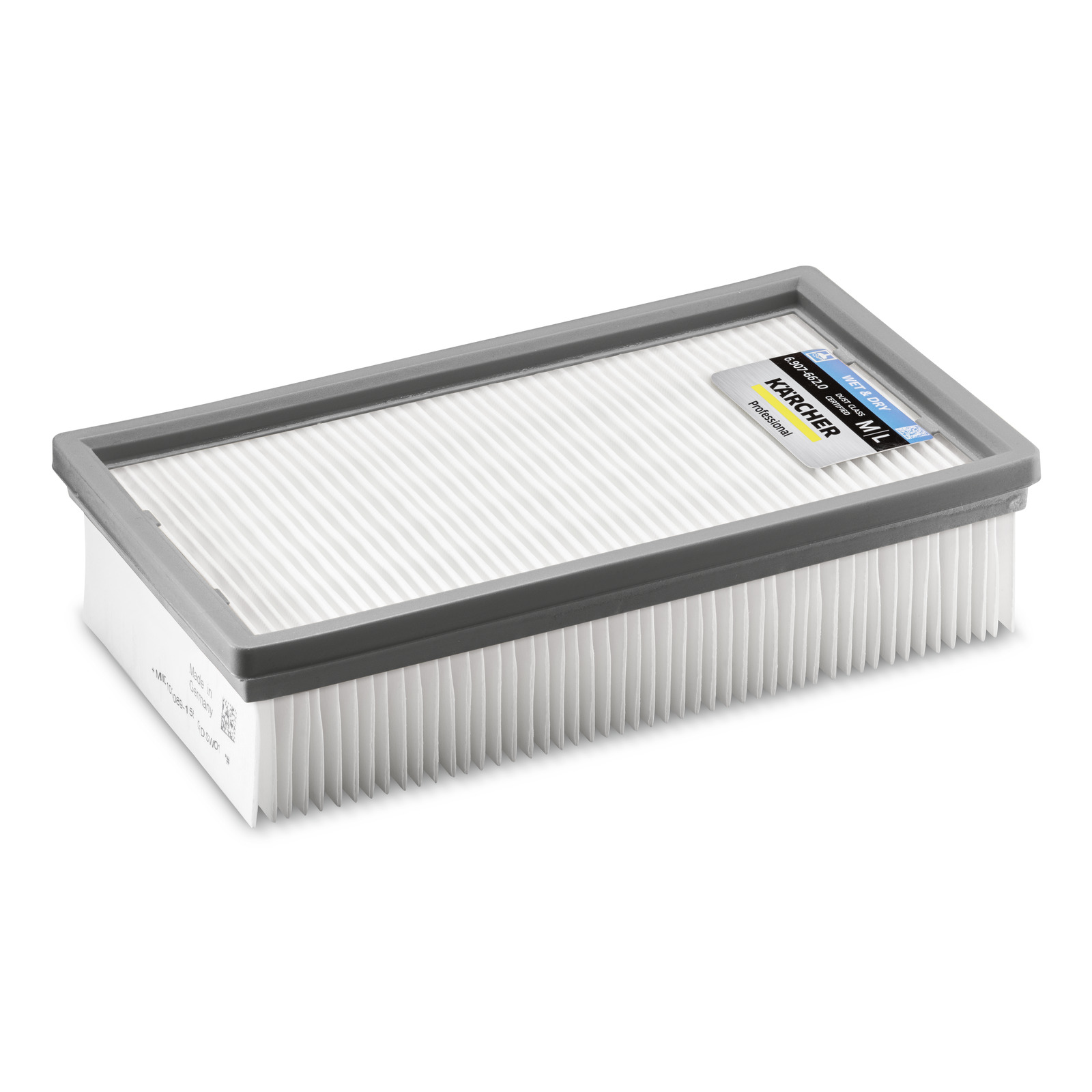 Rectangular Kärcher air filter with grey frame and white pleated paper, labelled with product details.