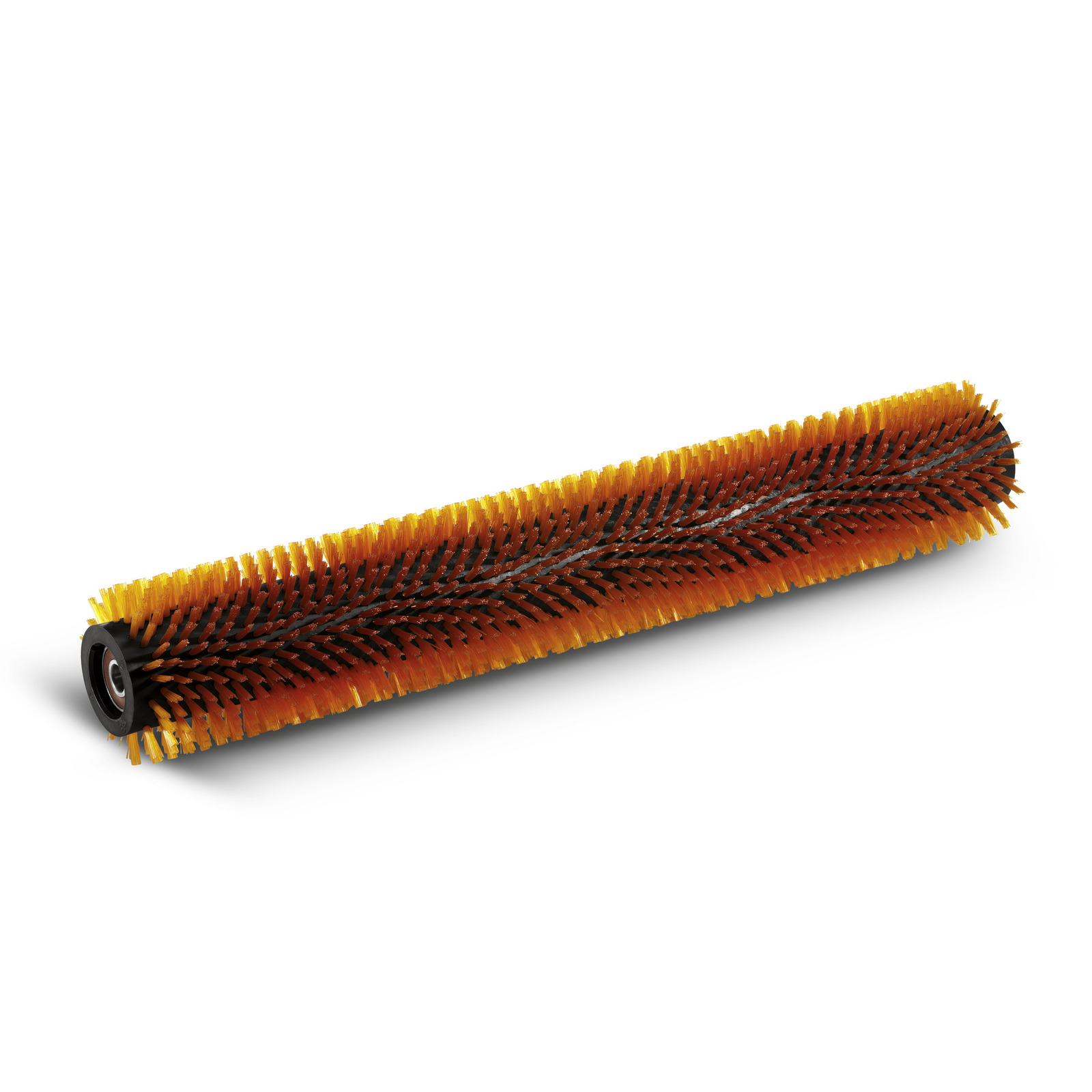 Orange and yellow cylindrical brush with black bristles, featuring a central rod and end cap, against a white background. Orange and yellow cylindrical brush with black bristles, featuring a central rod and end cap, against a white background.