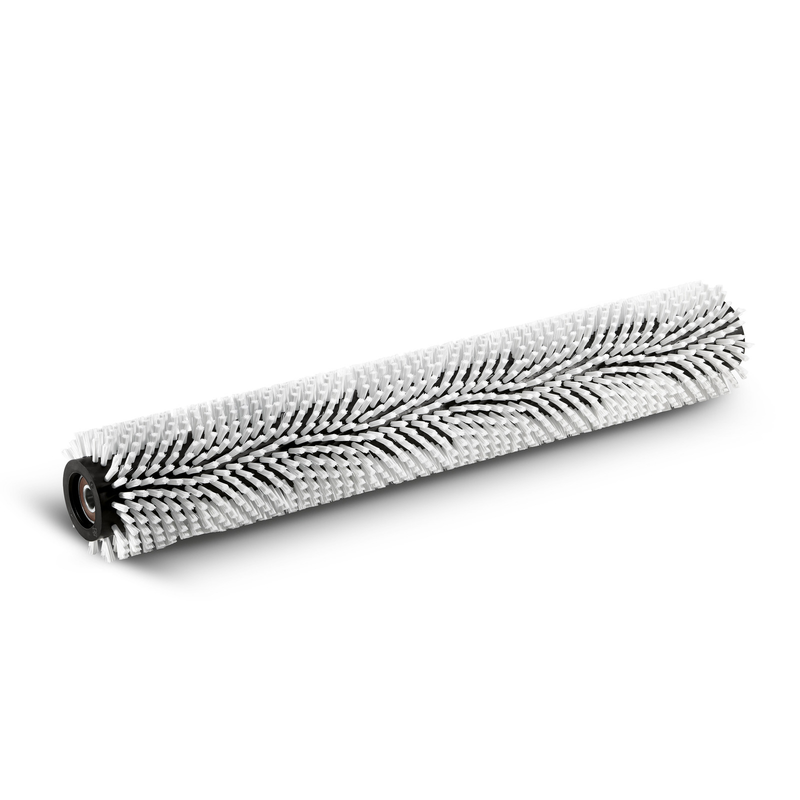 White cylindrical brush with dense bristles arranged in a spiral pattern, set against a plain white background. White cylindrical brush with dense bristles arranged in a spiral pattern, set against a plain white background.