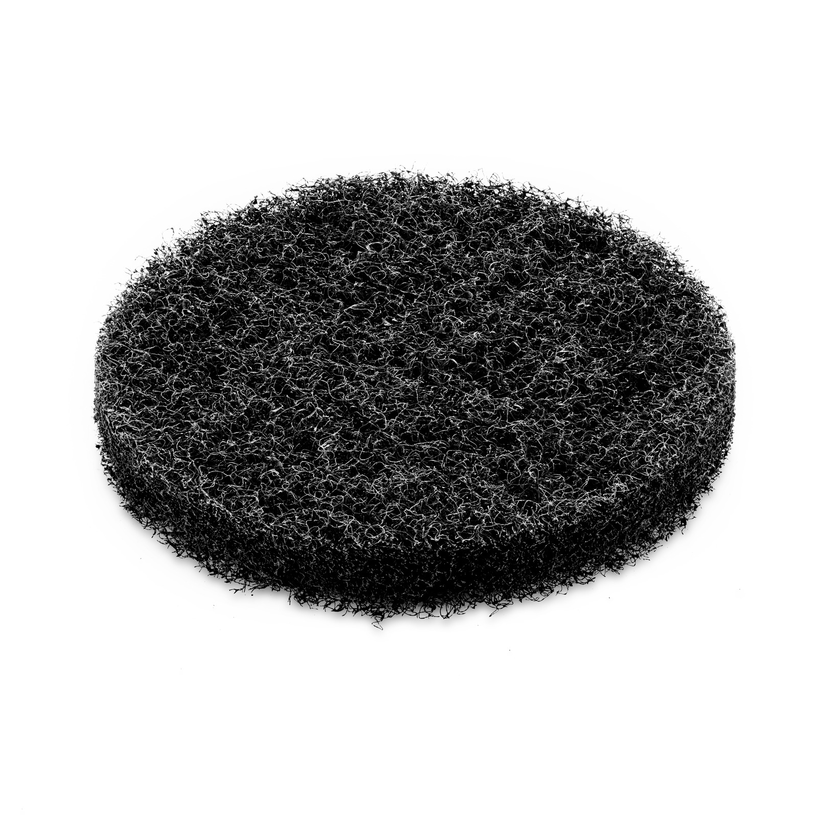 A circular, dark grey abrasive cleaning pad with a coarse, fibrous texture, presented on a plain white background.