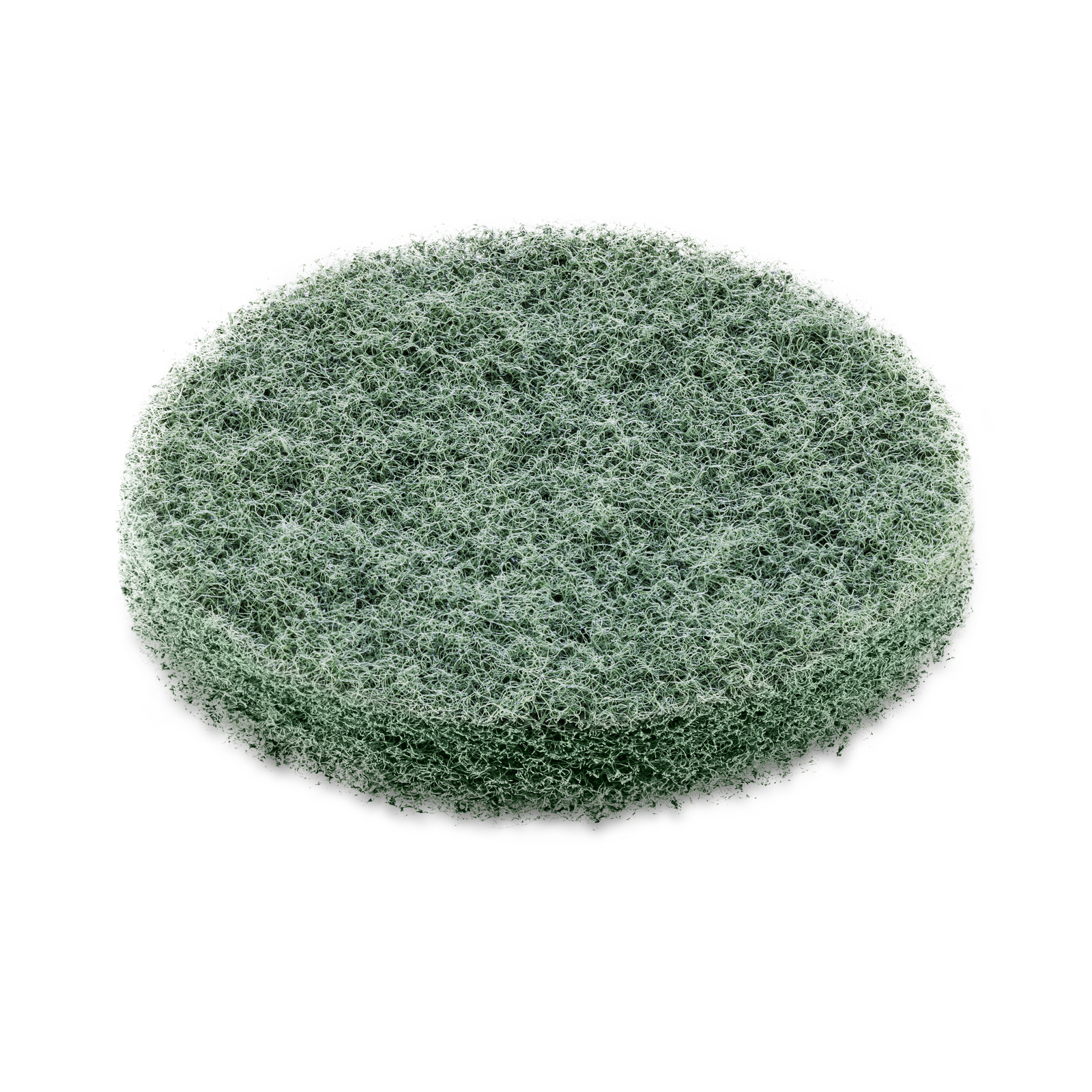 Round green abrasive cleaning pad on a white background.