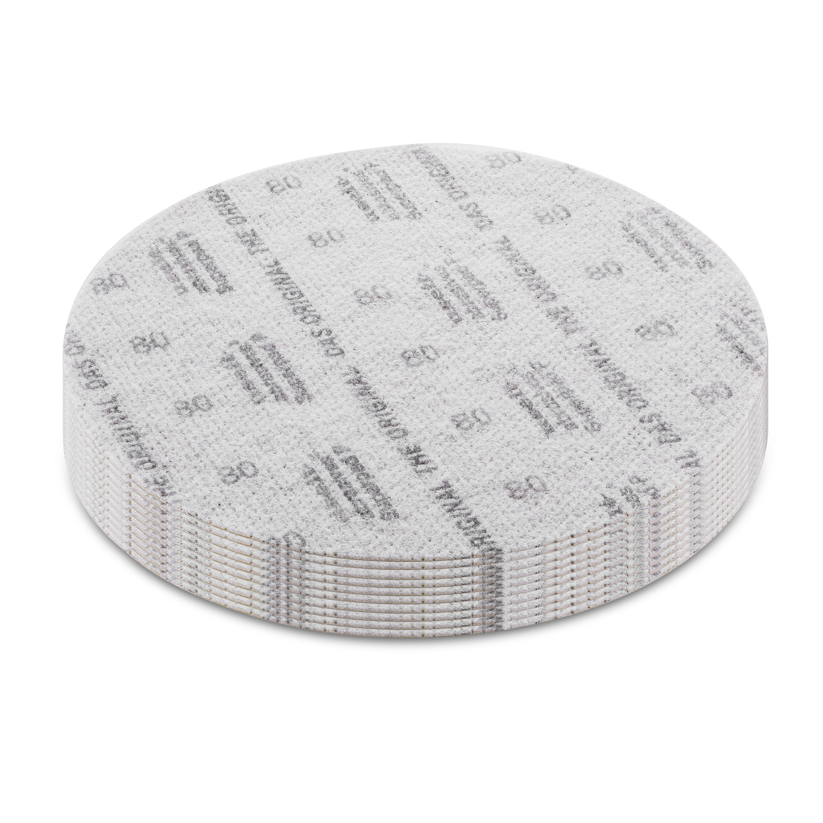 Stack of circular grey sanding discs, each printed with "THE ORIGINAL" and "80", presented on a white background. Stack of circular grey sanding discs, each printed with "THE ORIGINAL" and "80", presented on a white background.