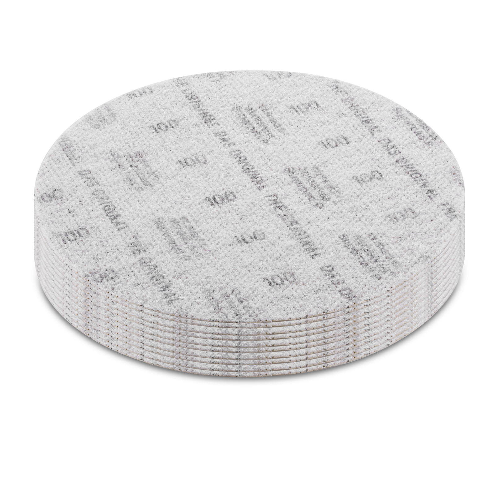 Stack of circular, light grey sanding discs with "DAS ORIGINAL" and "100" text visible on the top disc, presented on a white background. Stack of circular, light grey sanding discs with "DAS ORIGINAL" and "100" text visible on the top disc, presented on a white background.