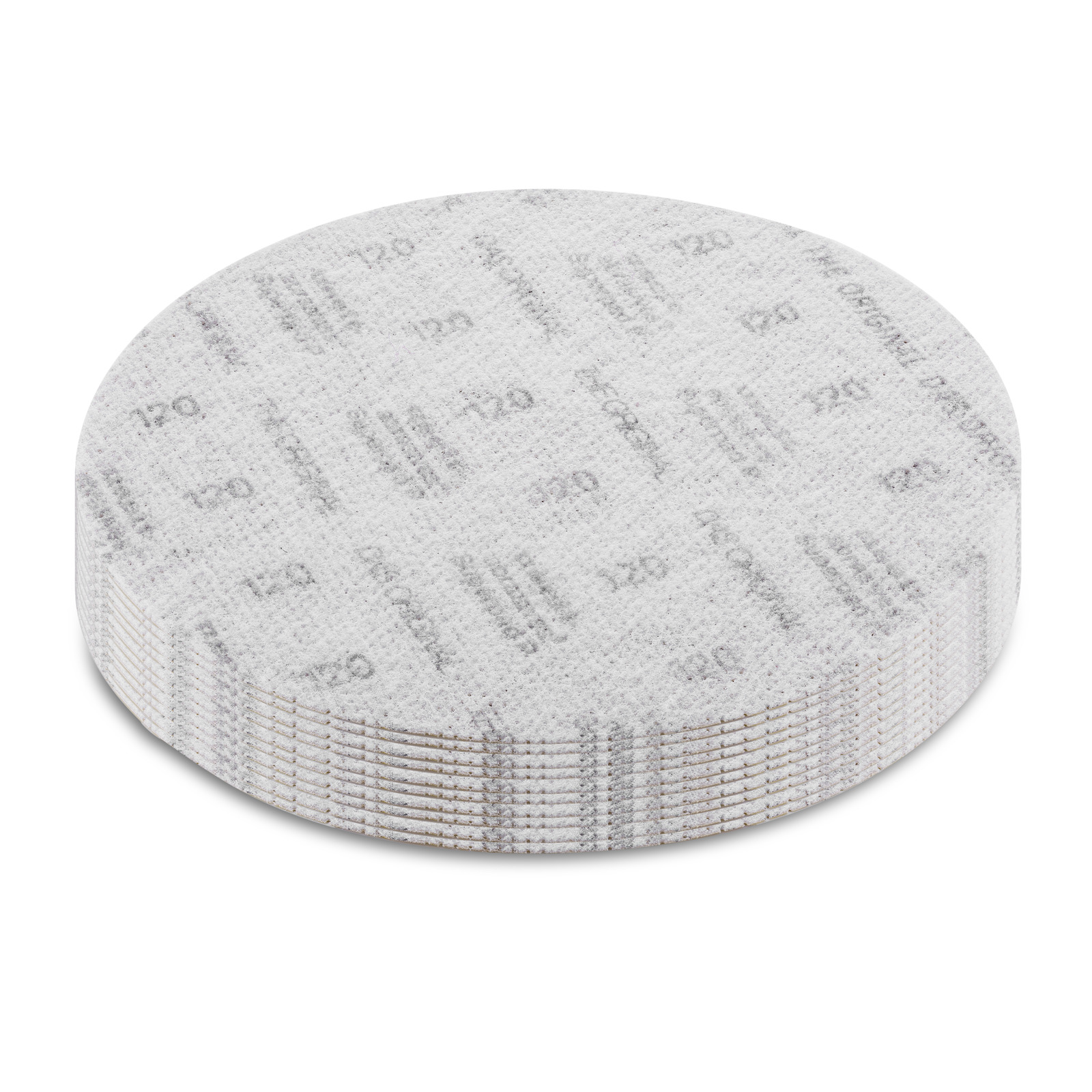 Stack of circular sanding discs with '120' grit marking visible on the top disc, presented on a white background.