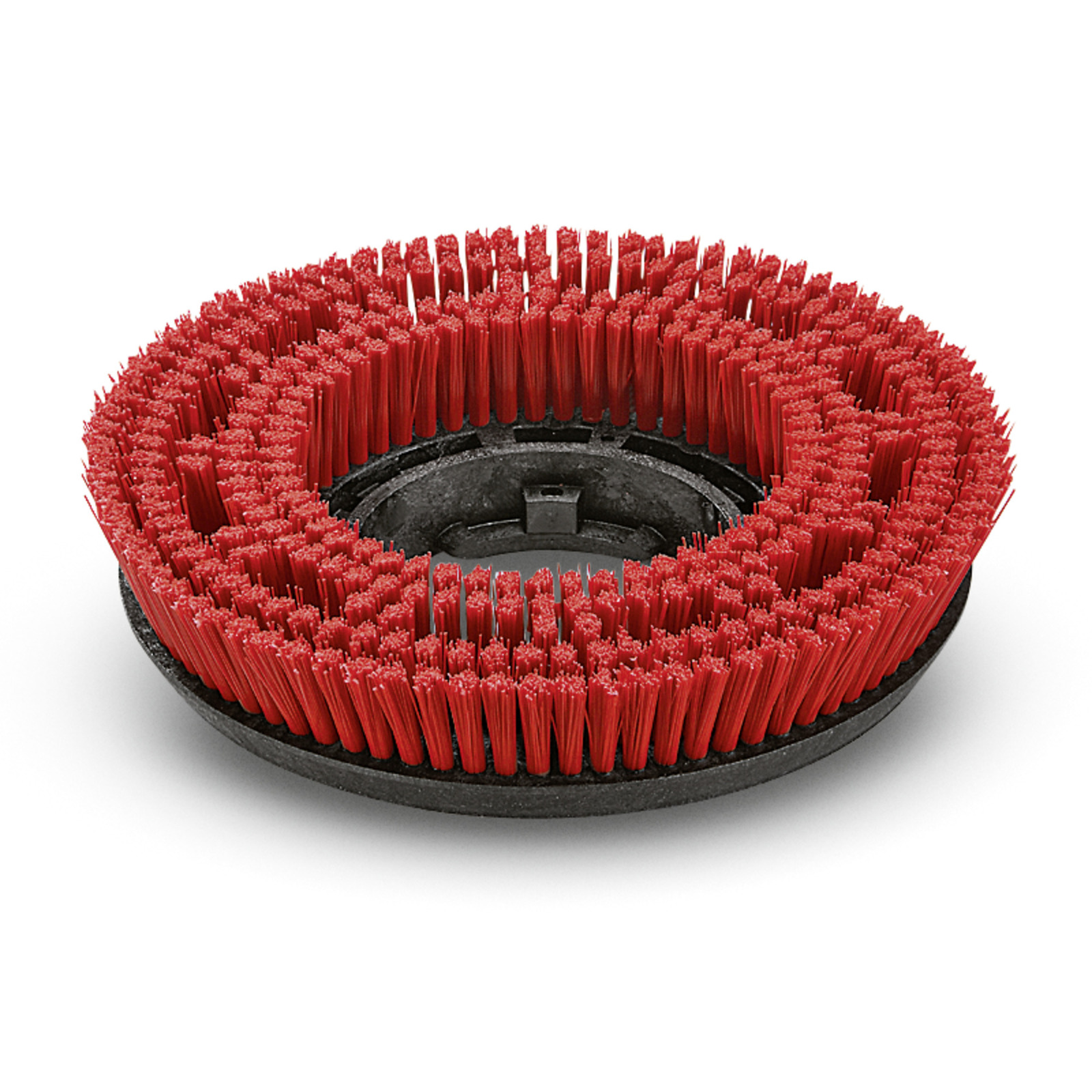 Red circular brush attachment with dense bristles, designed for cleaning equipment, set against a white background.