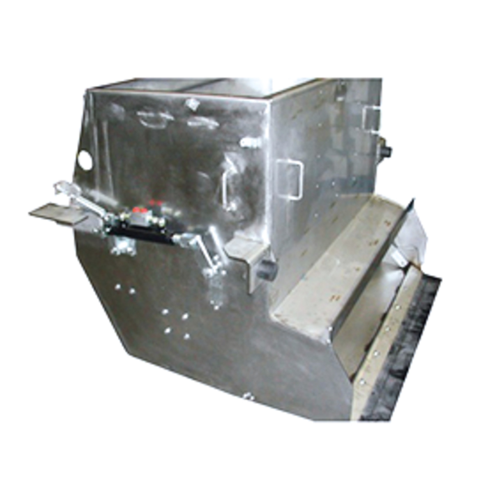 Metal industrial component with a rectangular shape, featuring brackets and a black rubber strip at the bottom edge. Metal industrial component with a rectangular shape, featuring brackets and a black rubber strip at the bottom edge.