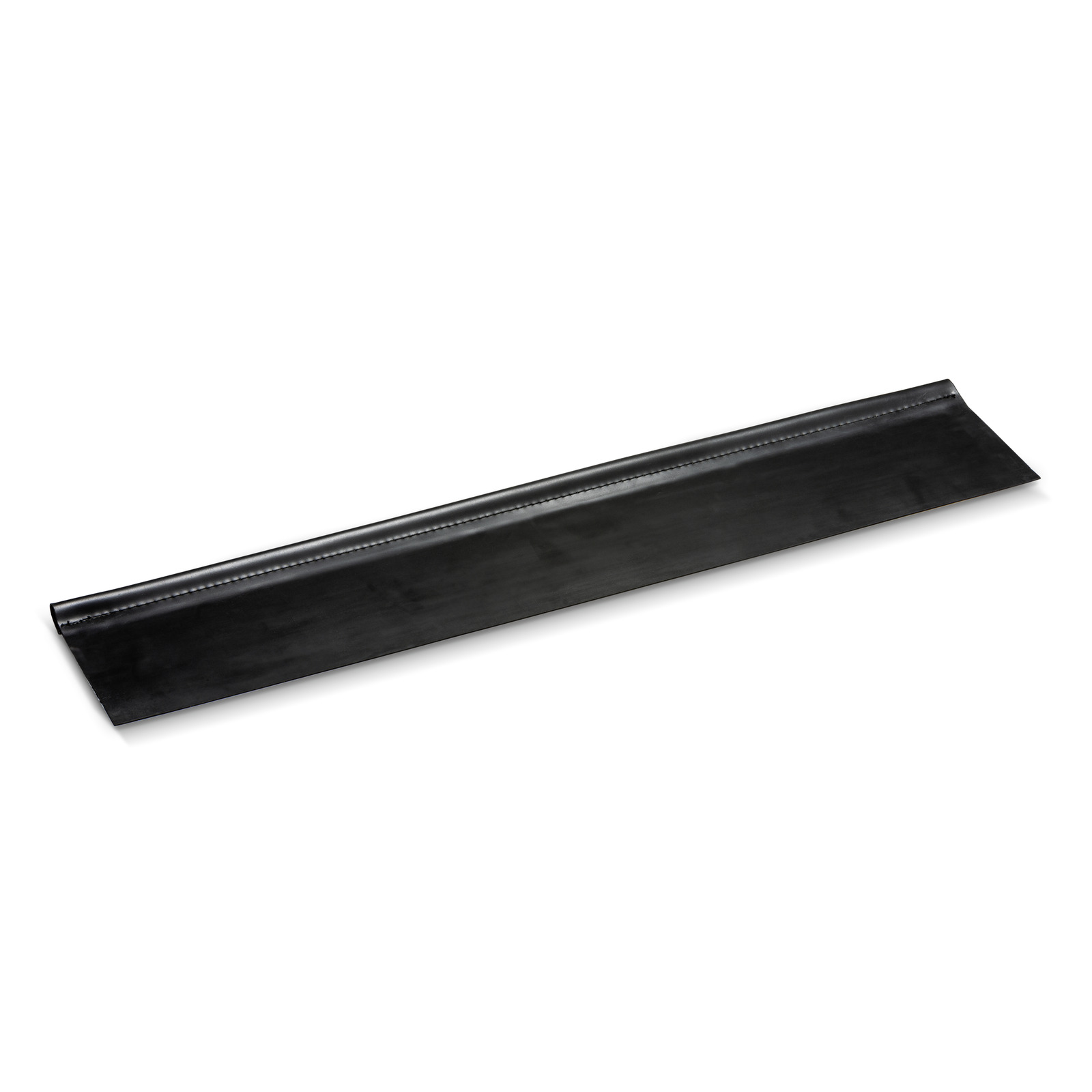 Black rubber squeegee blade, elongated and flat, set against a white background. Black rubber squeegee blade, elongated and flat, set against a white background.