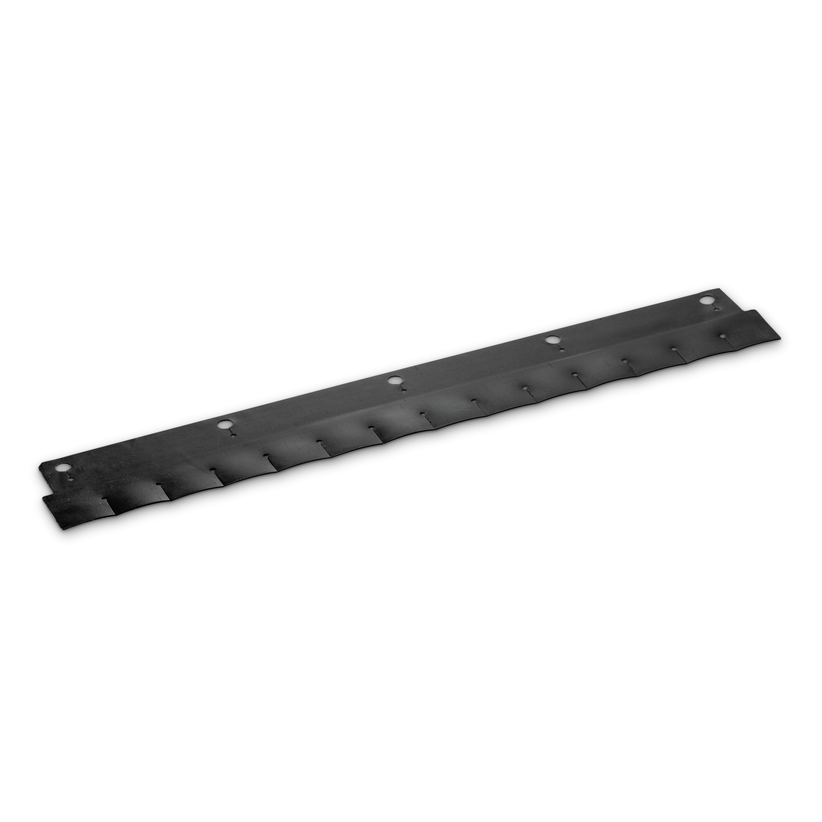 Black metal strip with multiple notches and holes, laid on a white background. Black metal strip with multiple notches and holes, laid on a white background.