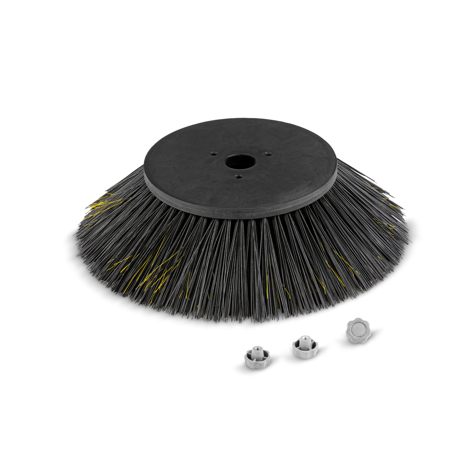 Round black Kärcher brush with dense bristles, featuring yellow strands, accompanied by three small metal attachments.