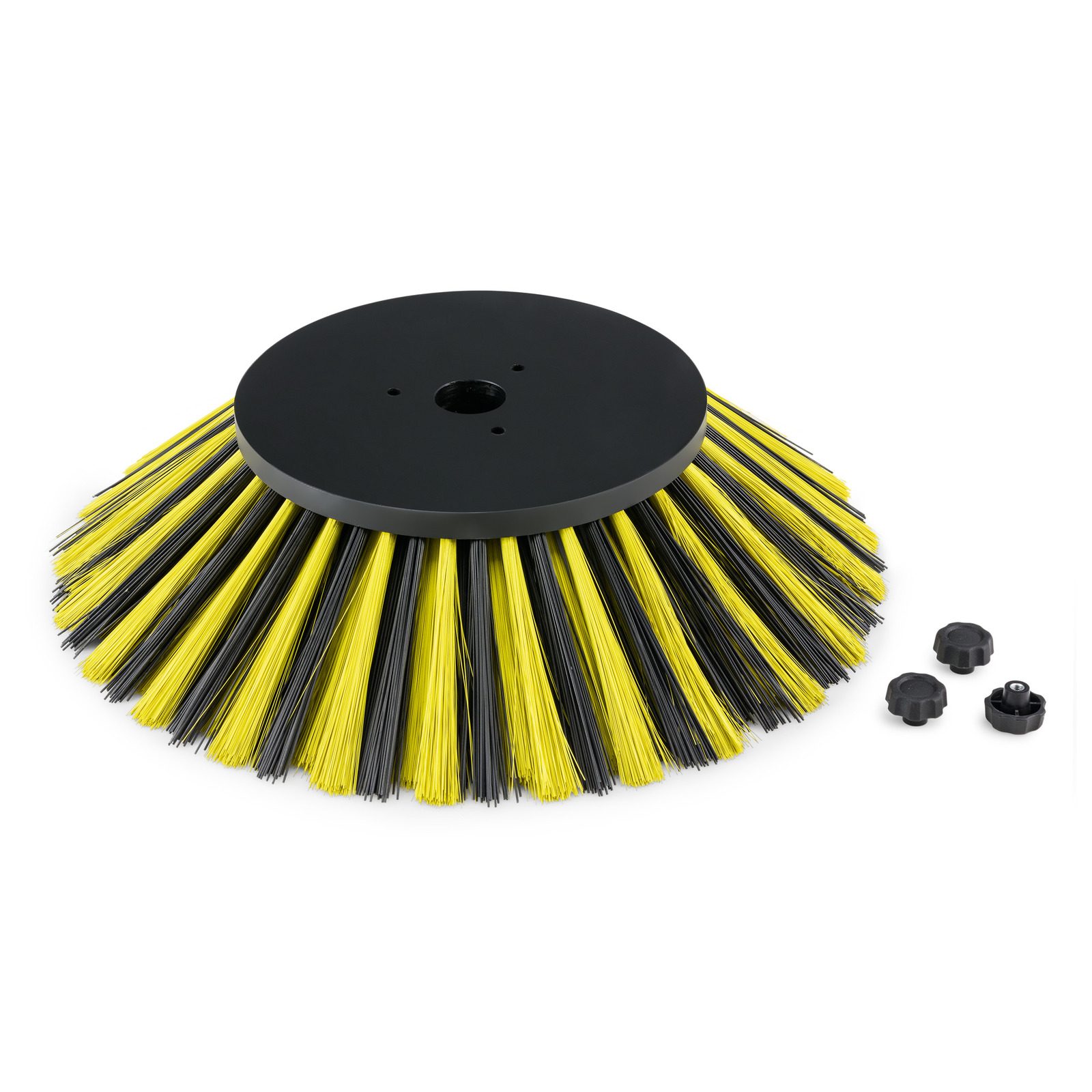 Kärcher sweeper brush with alternating yellow and black bristles, accompanied by three black attachment knobs. Kärcher sweeper brush with alternating yellow and black bristles, accompanied by three black attachment knobs.