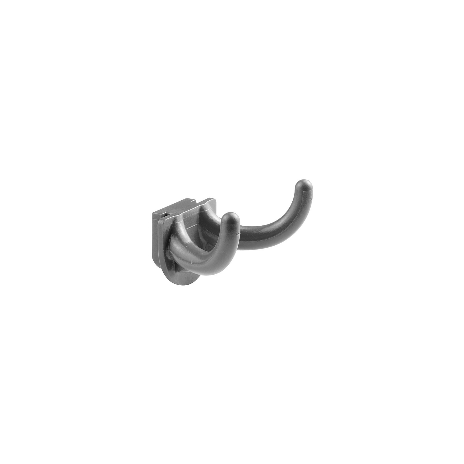Black double hook with a square mounting base on a white background.