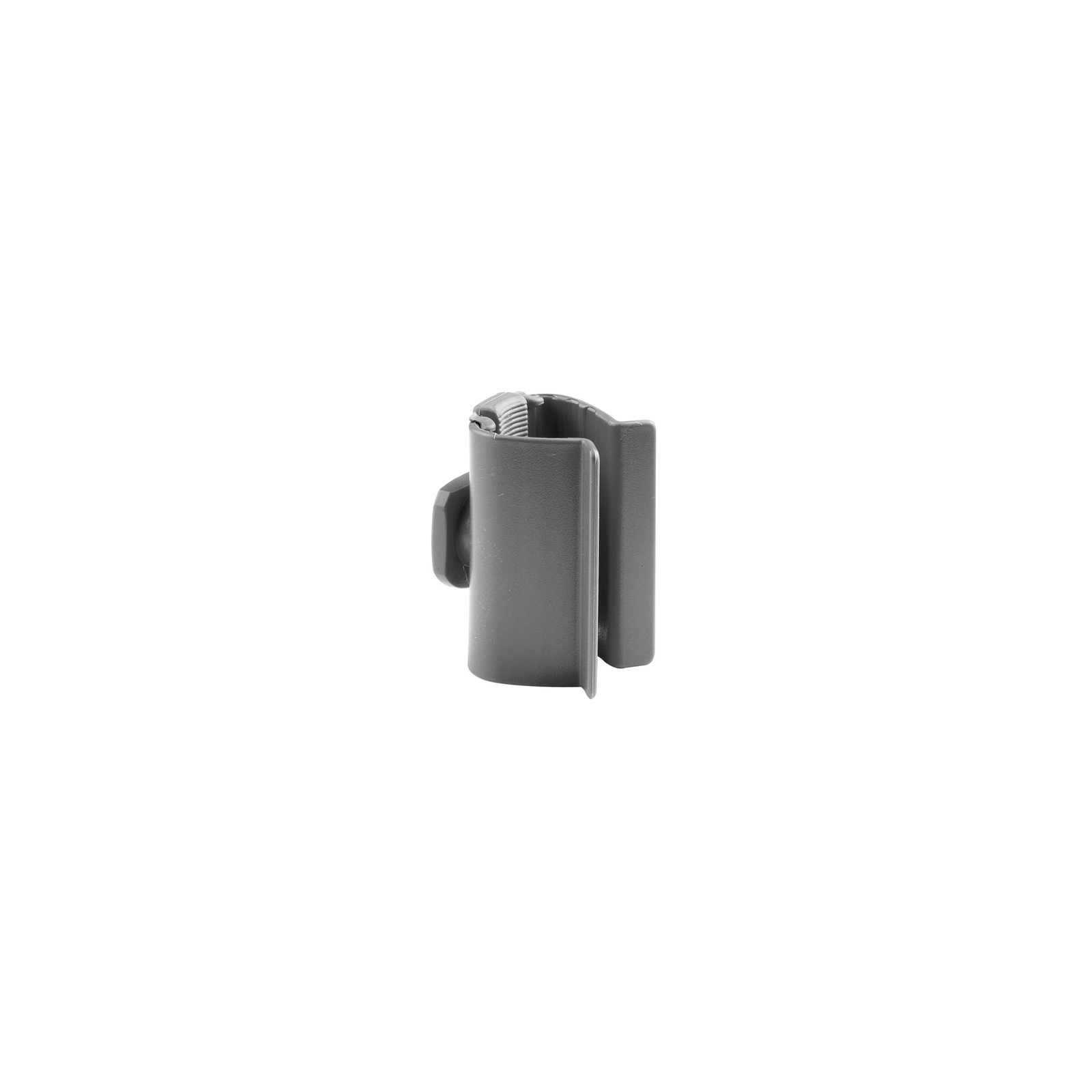 Grey plastic clip with a curved design, featuring a small protruding latch on one side, isolated on a white background.