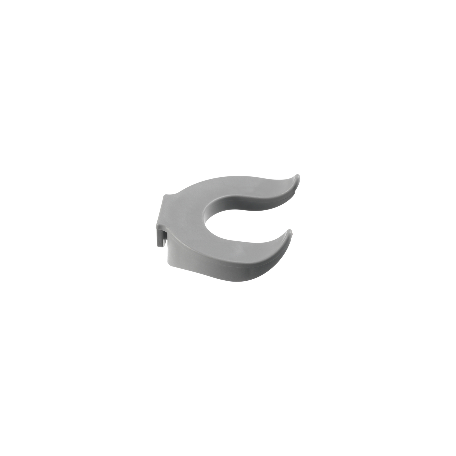 Grey plastic clip with a crescent shape, designed for attachment, isolated on a white background. Grey plastic clip with a crescent shape, designed for attachment, isolated on a white background.