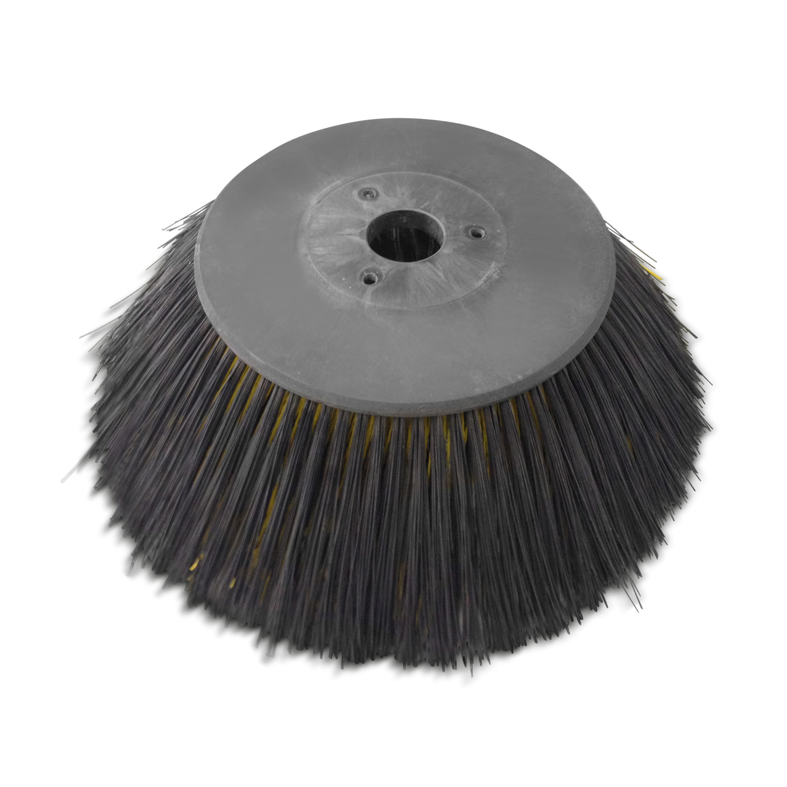 Round black brush head with dense bristles and a central mounting hole, viewed from above. Round black brush head with dense bristles and a central mounting hole, viewed from above.