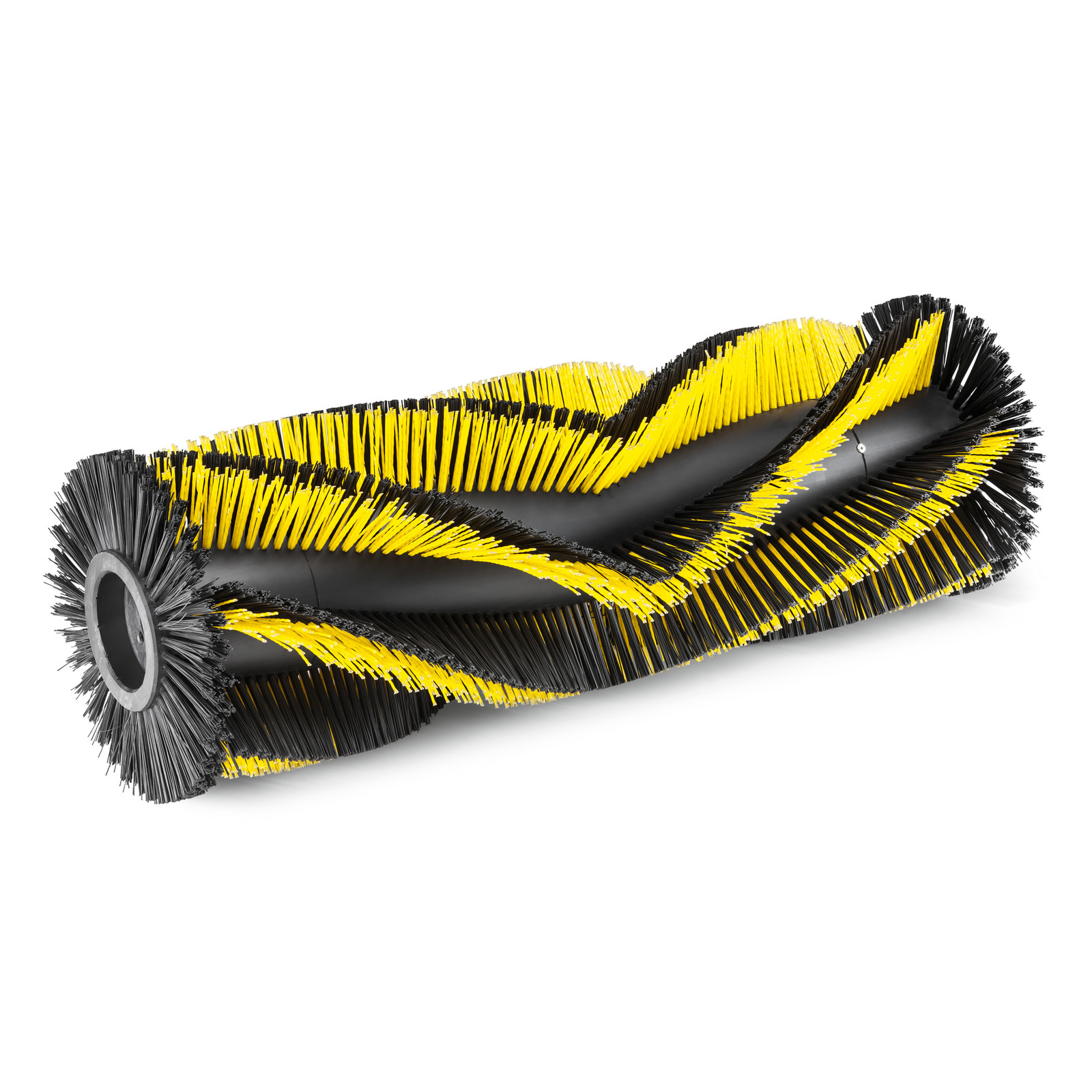 Yellow and black cylindrical brush with bristles, designed for cleaning equipment, on a white background. Yellow and black cylindrical brush with bristles, designed for cleaning equipment, on a white background.