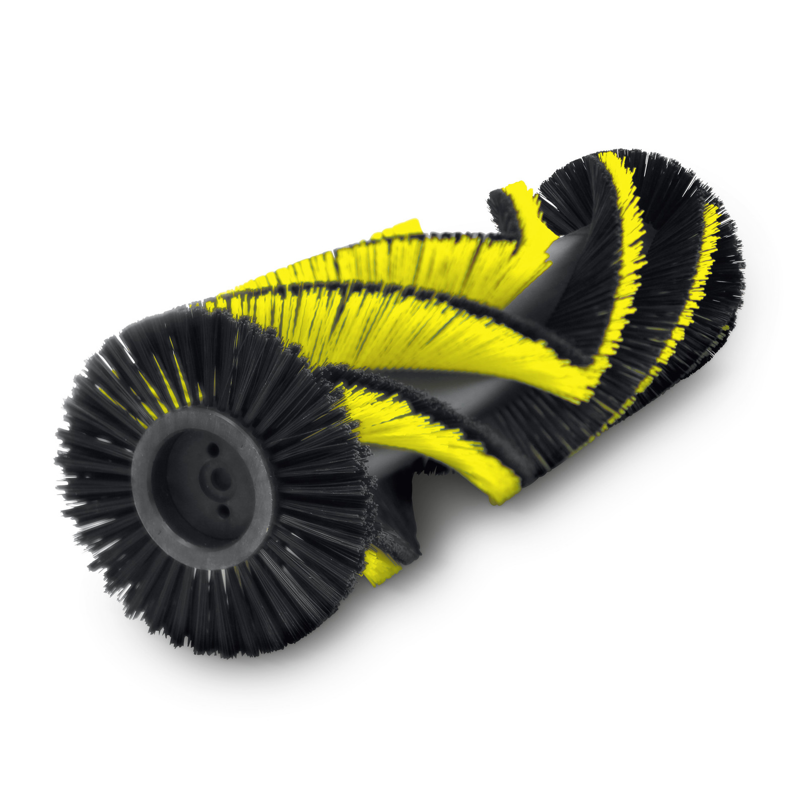 Black and yellow cylindrical brush with spiral bristles, designed for cleaning applications. Black and yellow cylindrical brush with spiral bristles, designed for cleaning applications.