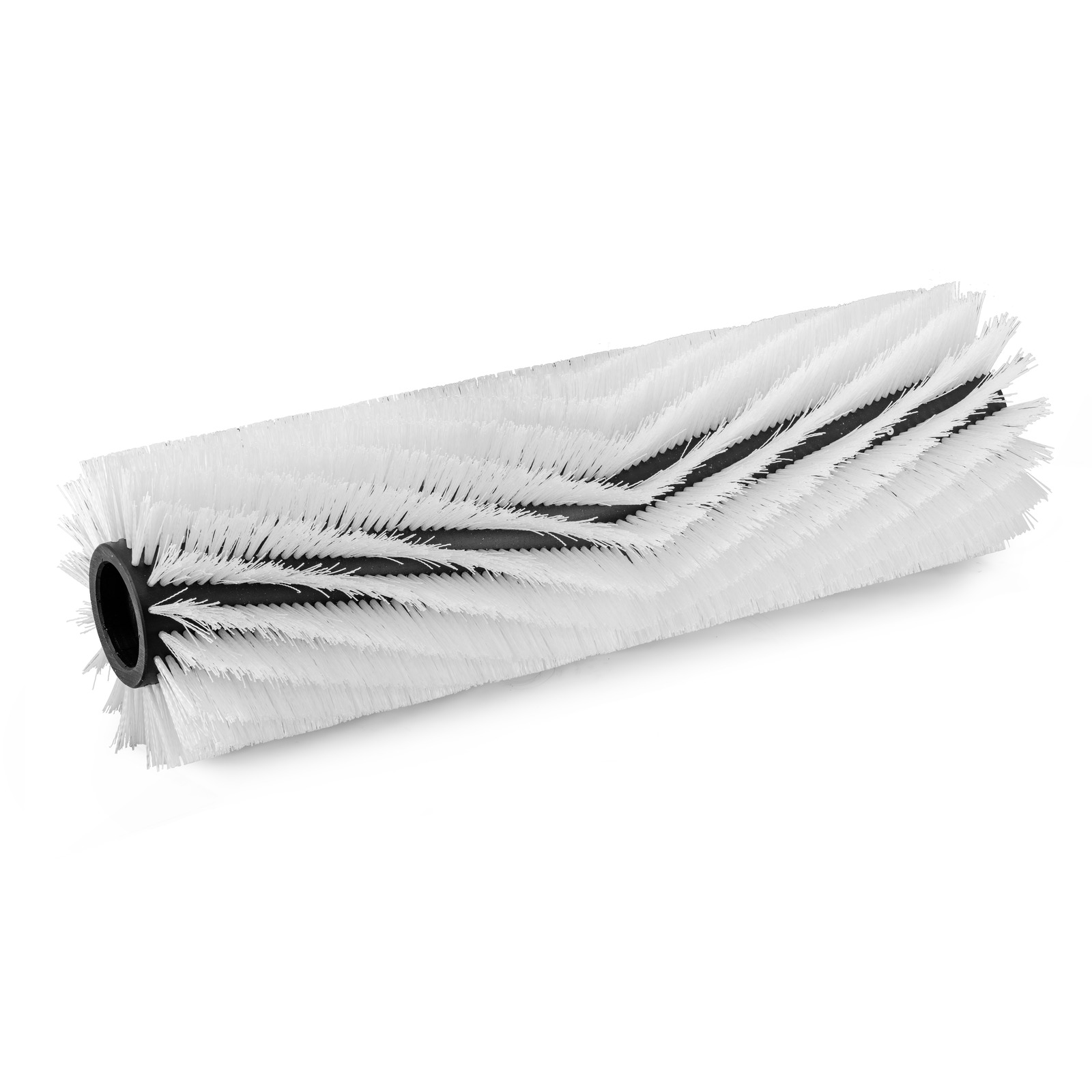 White Kärcher brush roller with spiralling bristles and black end caps on a white background.