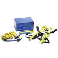 Blue metal box, yellow safety rope with hooks, and yellow-black safety harness on white background.