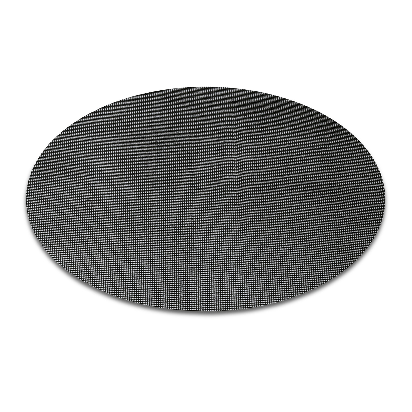 Round black mesh disc with a fine grid pattern, set against a white background. Round black mesh disc with a fine grid pattern, set against a white background.