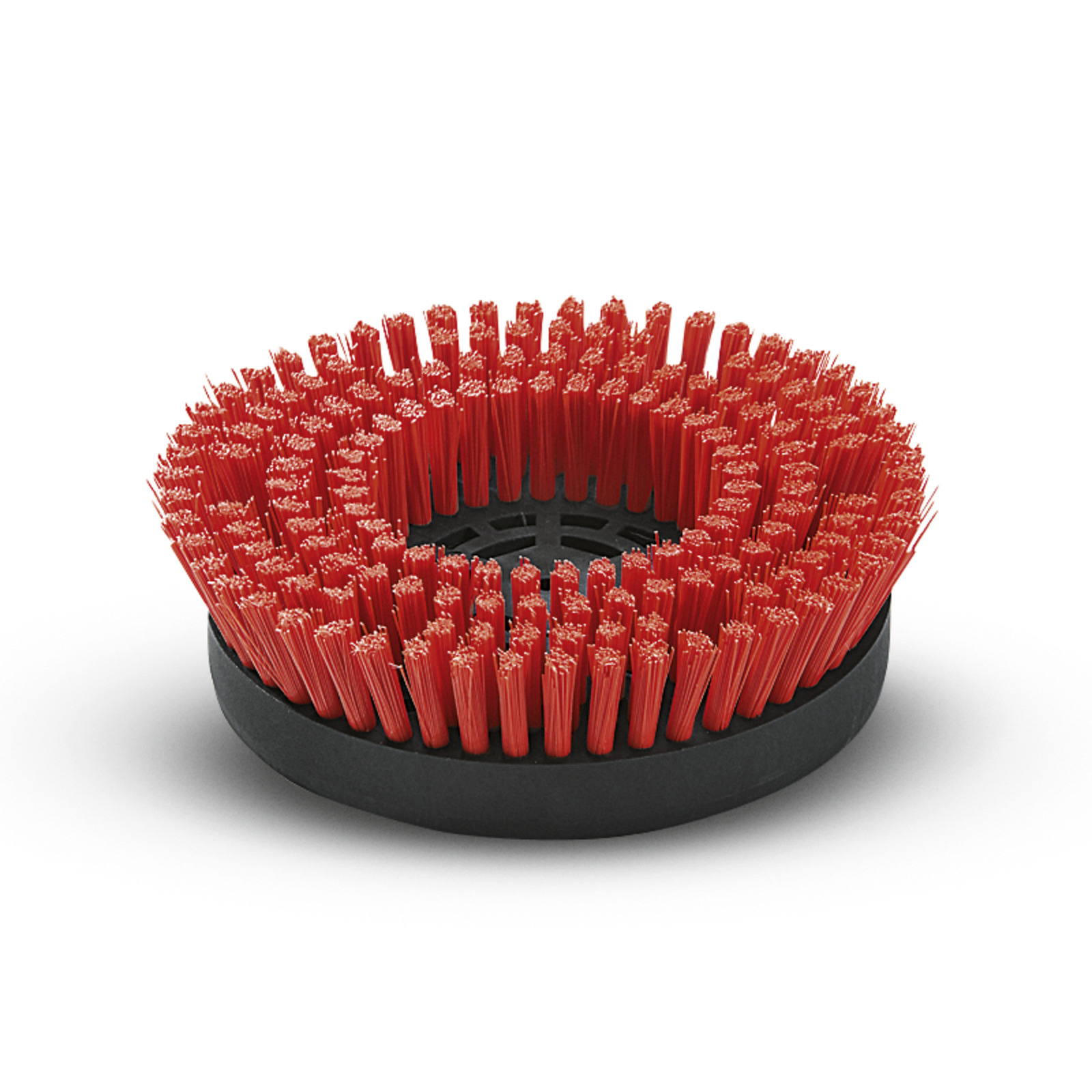 Red circular brush attachment with dense bristles on a black base, designed for cleaning tasks. Red circular brush attachment with dense bristles on a black base, designed for cleaning tasks.