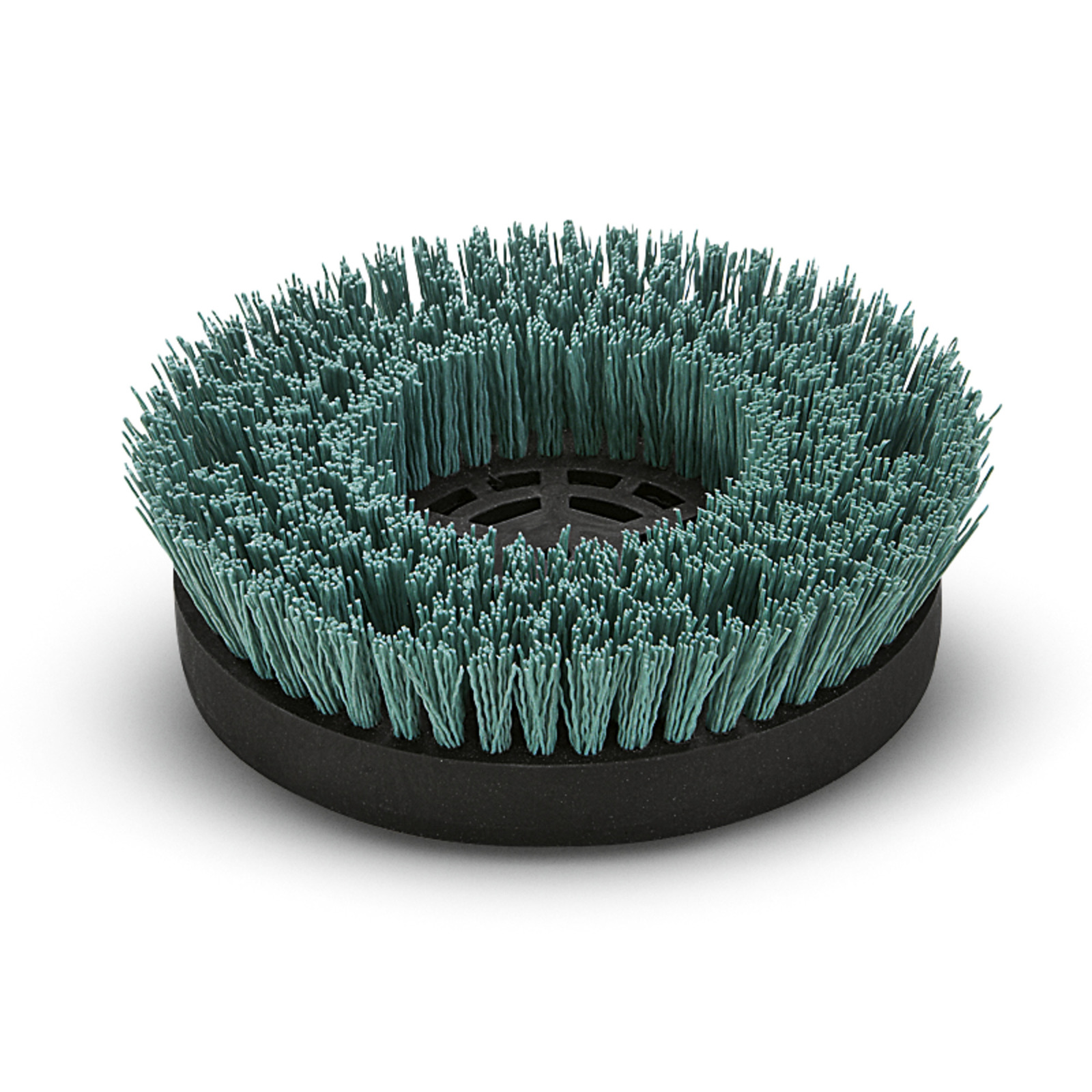 Circular scrubbing brush with green bristles and a black base, designed for cleaning surfaces. Circular scrubbing brush with green bristles and a black base, designed for cleaning surfaces.