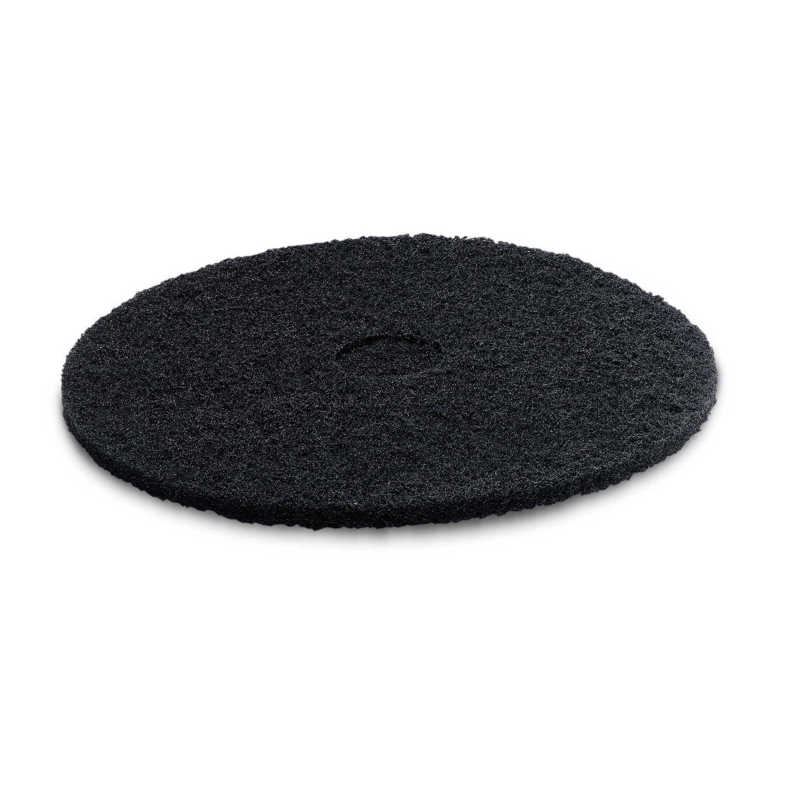 Black circular scrubbing pad with textured surface, viewed from above on a white background. Black circular scrubbing pad with textured surface, viewed from above on a white background.