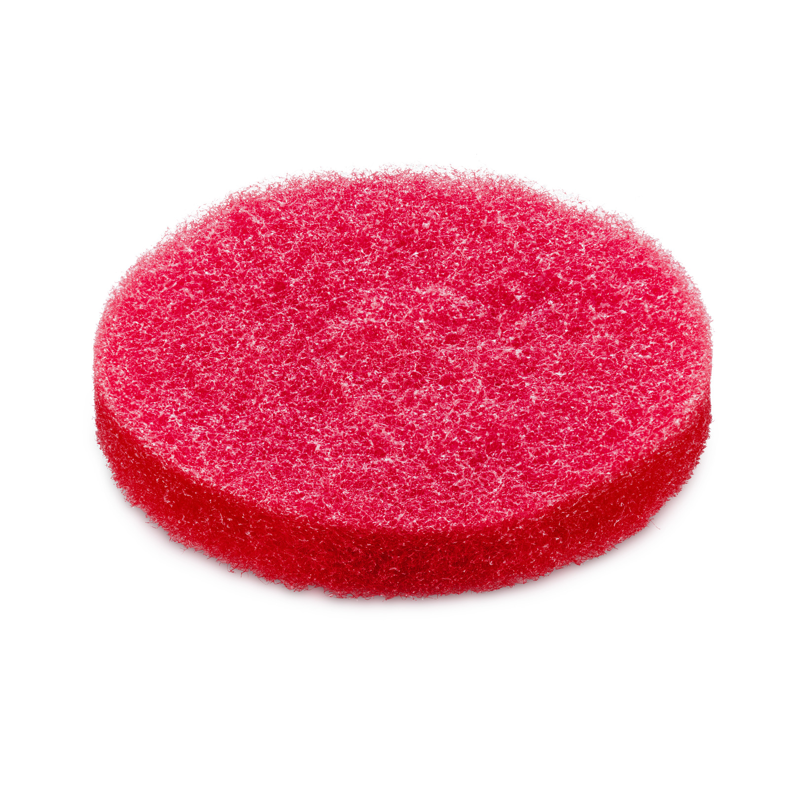 A round, red abrasive scrubbing pad on a white background.
