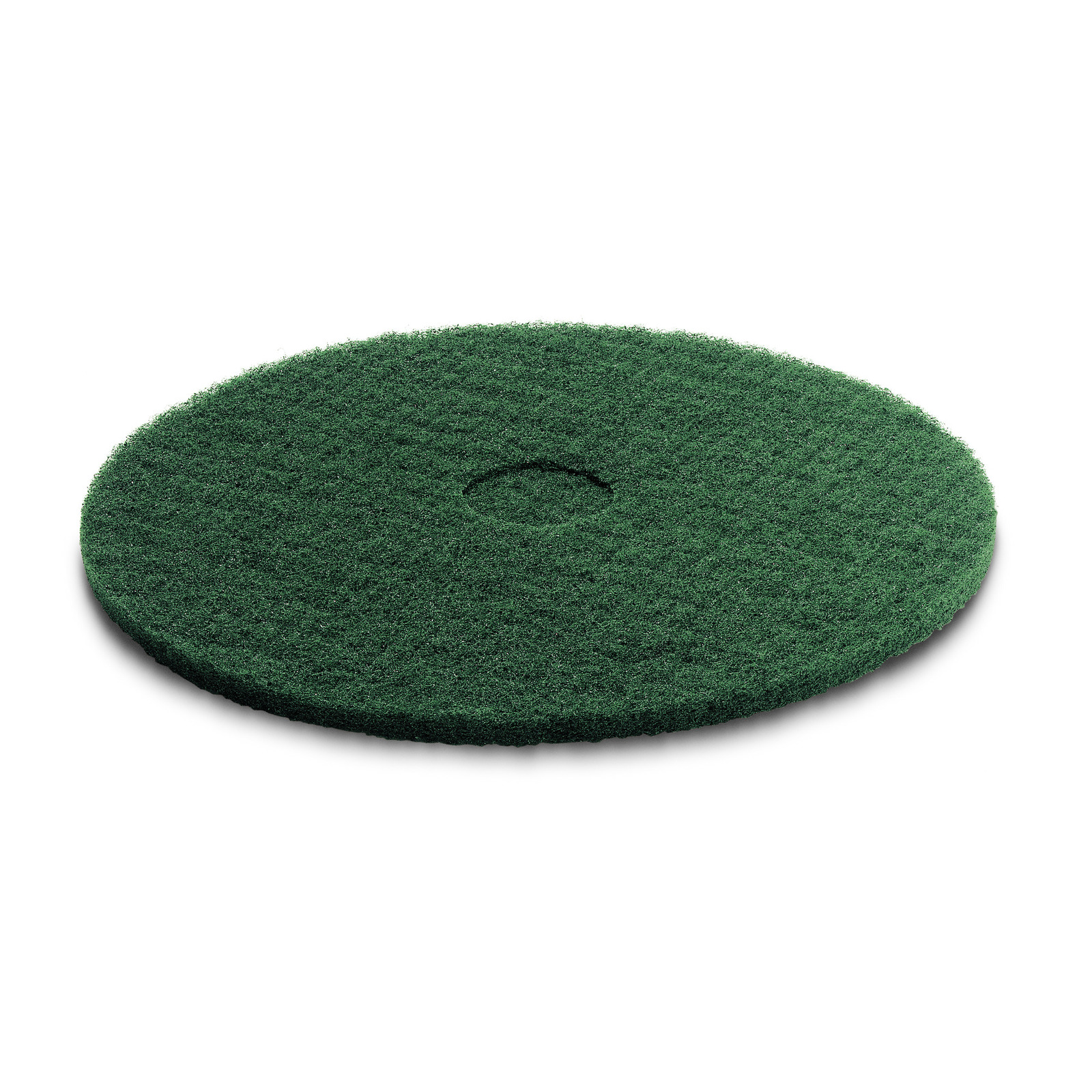 Pad verde circular din fibră, cu un orificiu central, pe fundal alb.