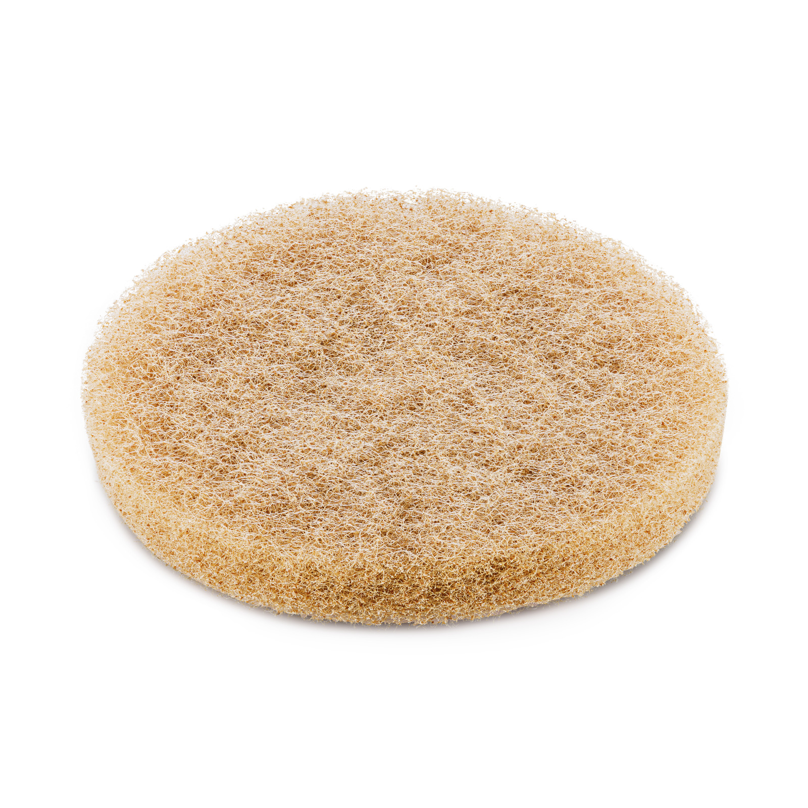 Round, light brown scrubbing pad on a plain white background. Round, light brown scrubbing pad on a plain white background.