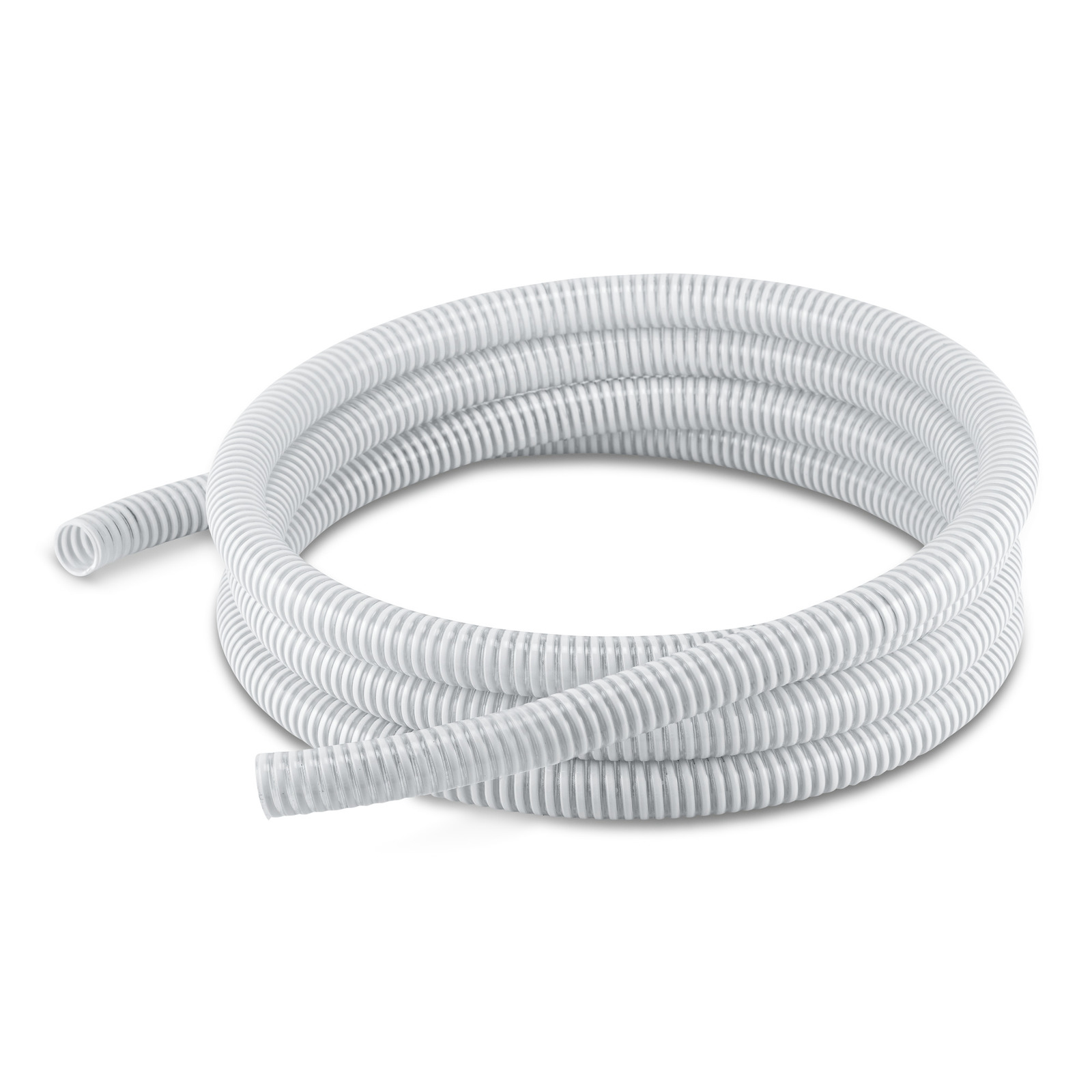 Coiled white corrugated hose with a smooth texture, placed on a plain white background. Coiled white corrugated hose with a smooth texture, placed on a plain white background.
