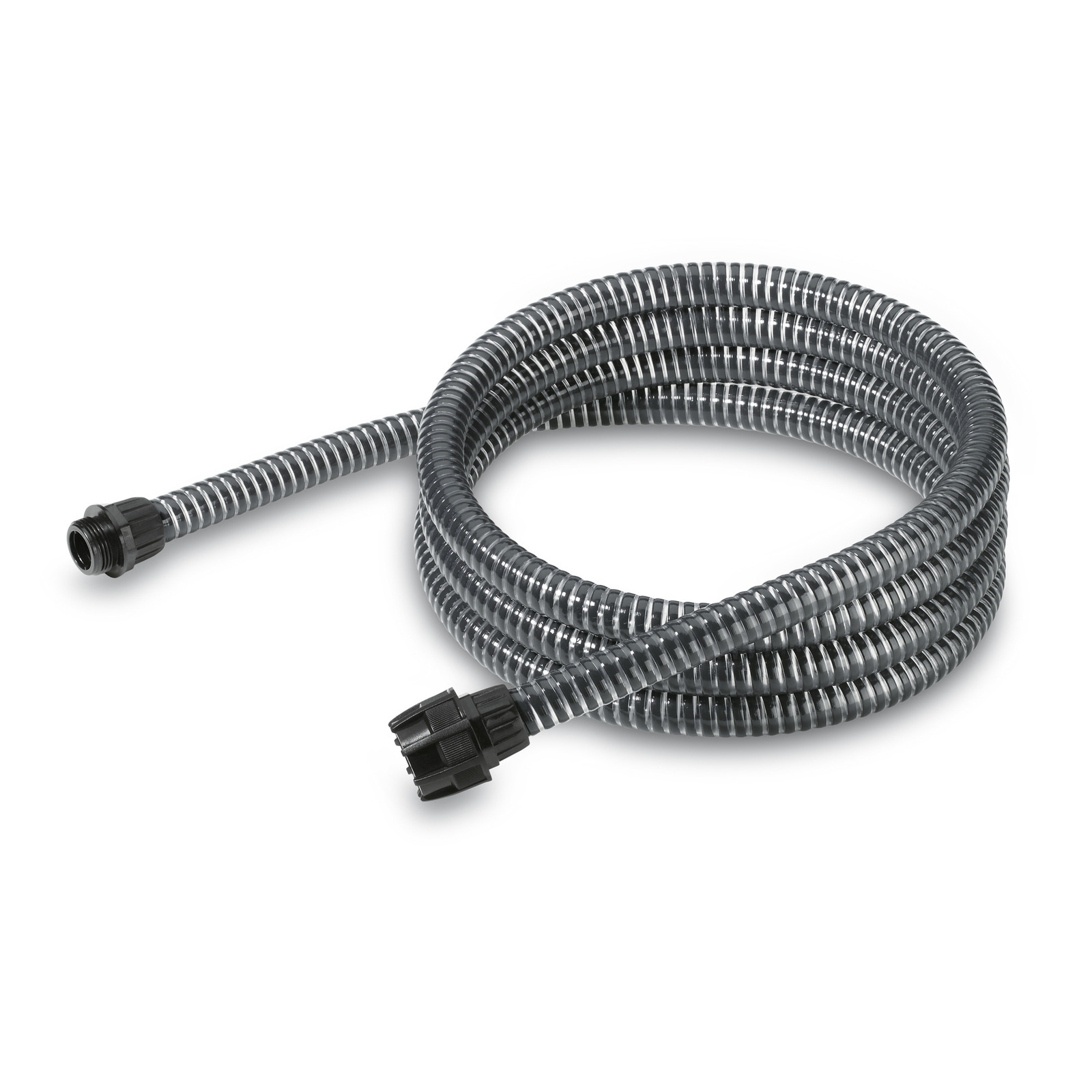 Coiled Kärcher suction hose with black connectors, featuring a transparent ribbed design. Coiled Kärcher suction hose with black connectors, featuring a transparent ribbed design.