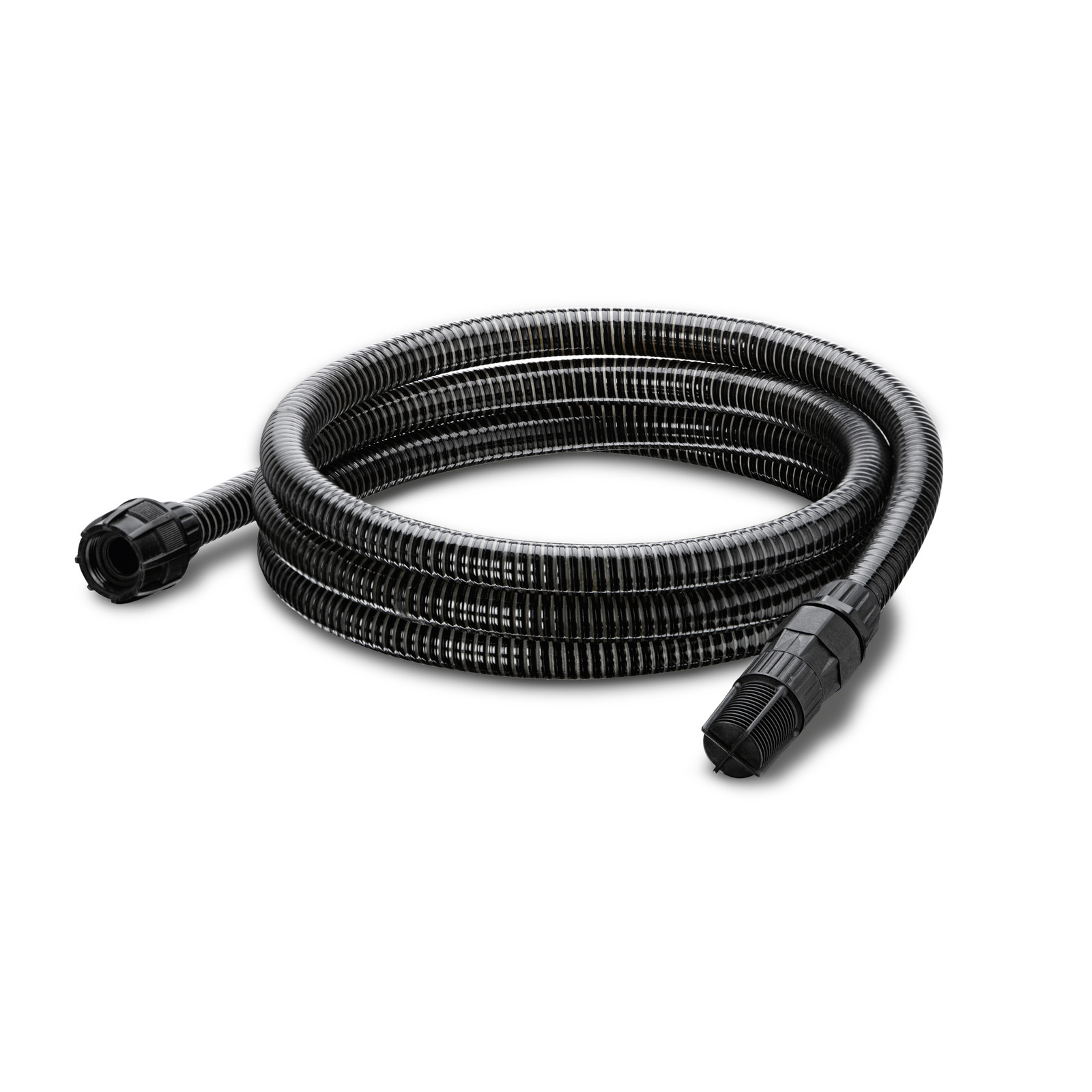 Coiled black Kärcher suction hose with connectors on both ends, placed on a white background. Coiled black Kärcher suction hose with connectors on both ends, placed on a white background.