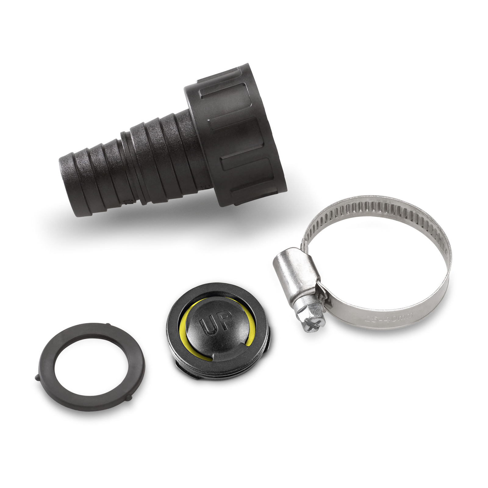 Black hose connector, metal hose clamp, and two circular seals arranged on a white background. Black hose connector, metal hose clamp, and two circular seals arranged on a white background.
