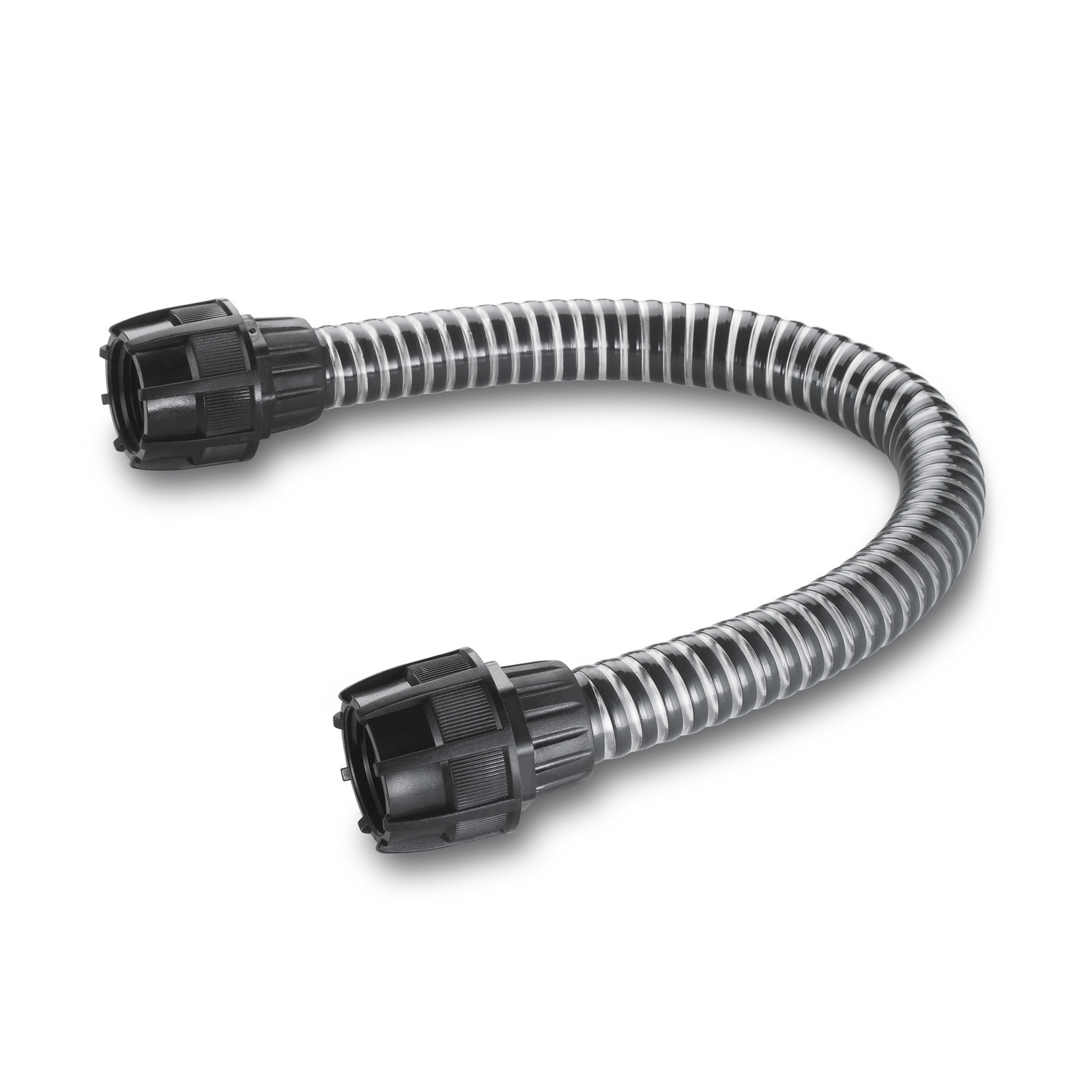 Flexible Kärcher suction hose with black connectors at both ends, coiled in a U-shape on a white background. Flexible Kärcher suction hose with black connectors at both ends, coiled in a U-shape on a white background.