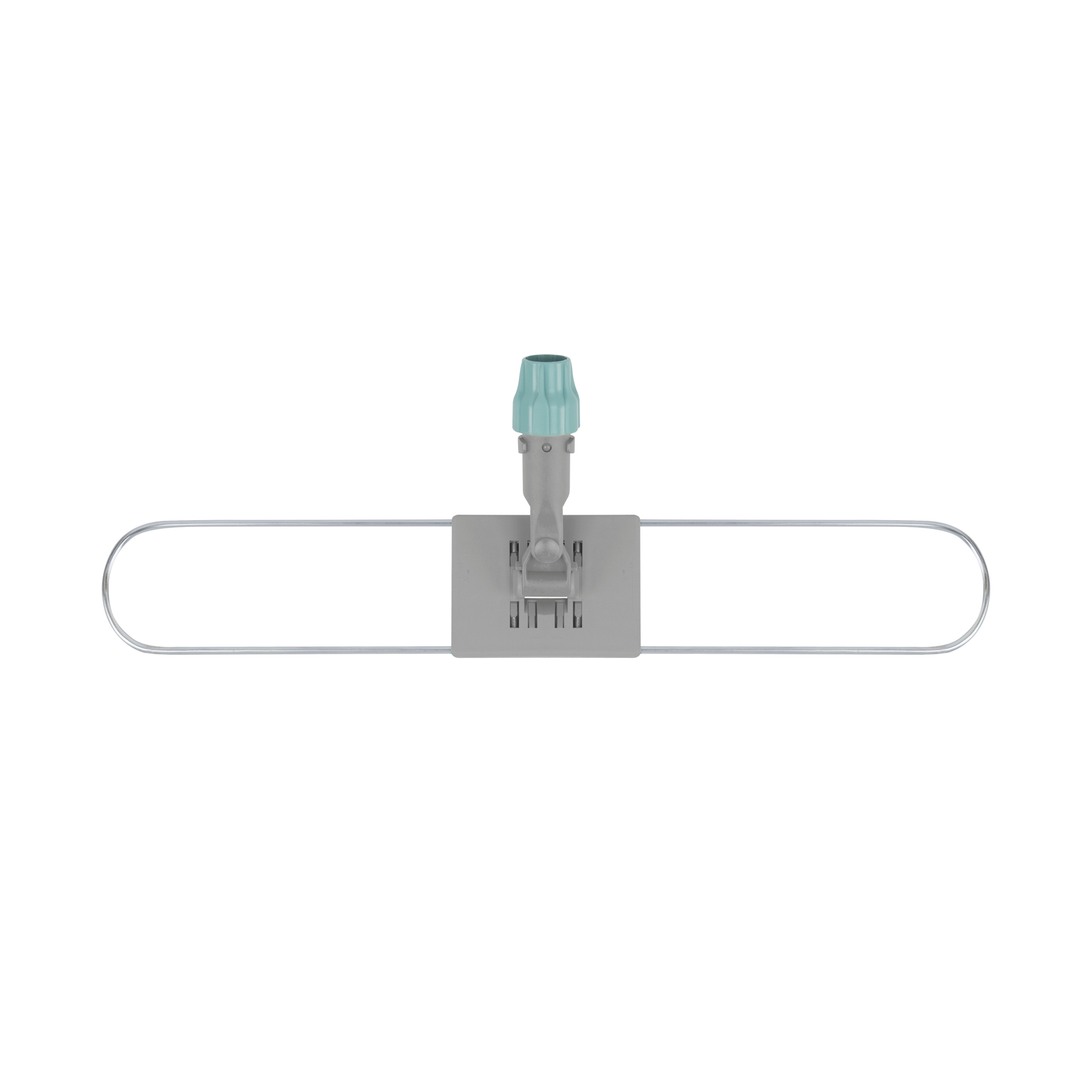 Floor mop frame with a teal handle attachment, featuring a rectangular metal structure.