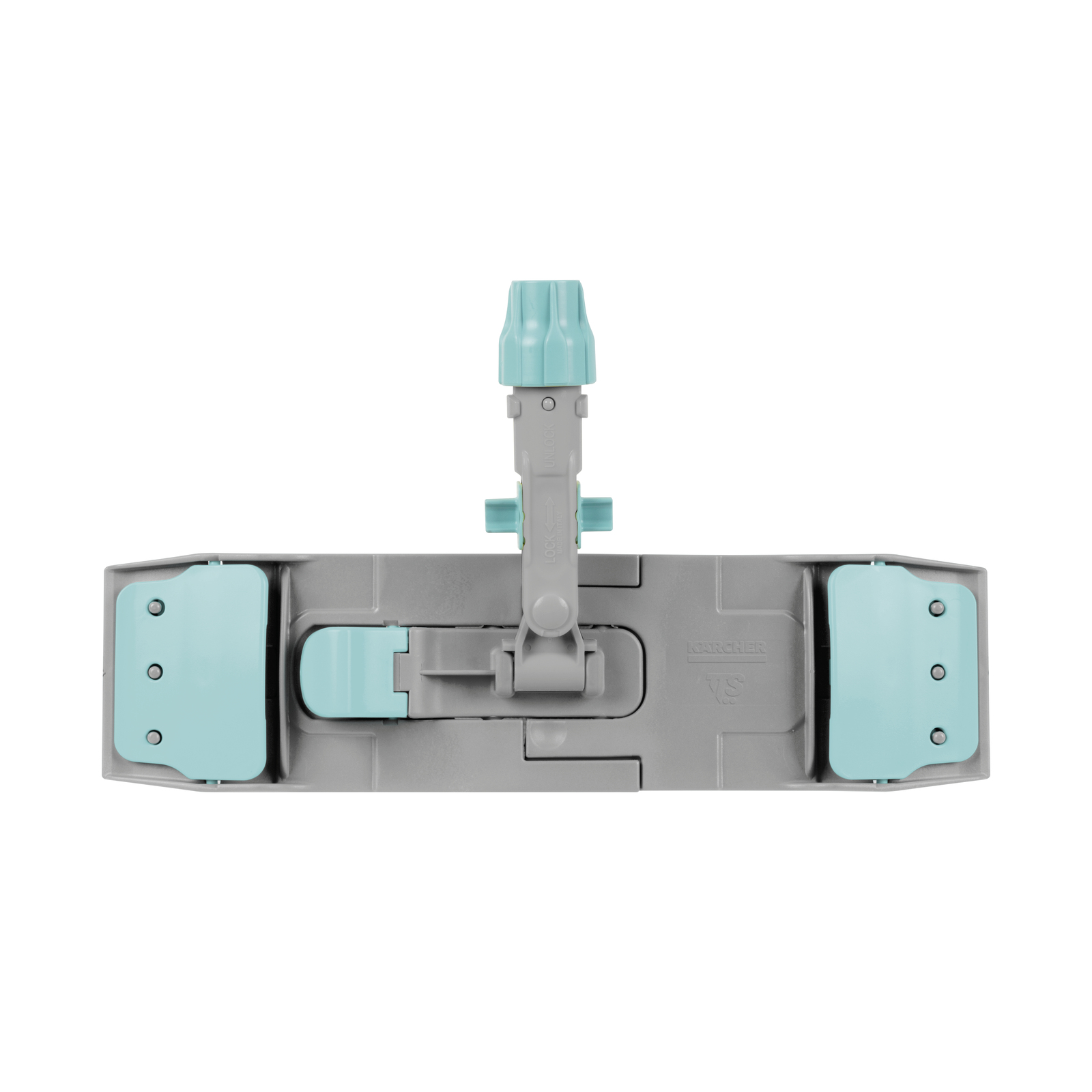 Grey and turquoise Kärcher mop head with adjustable handle, viewed from above.