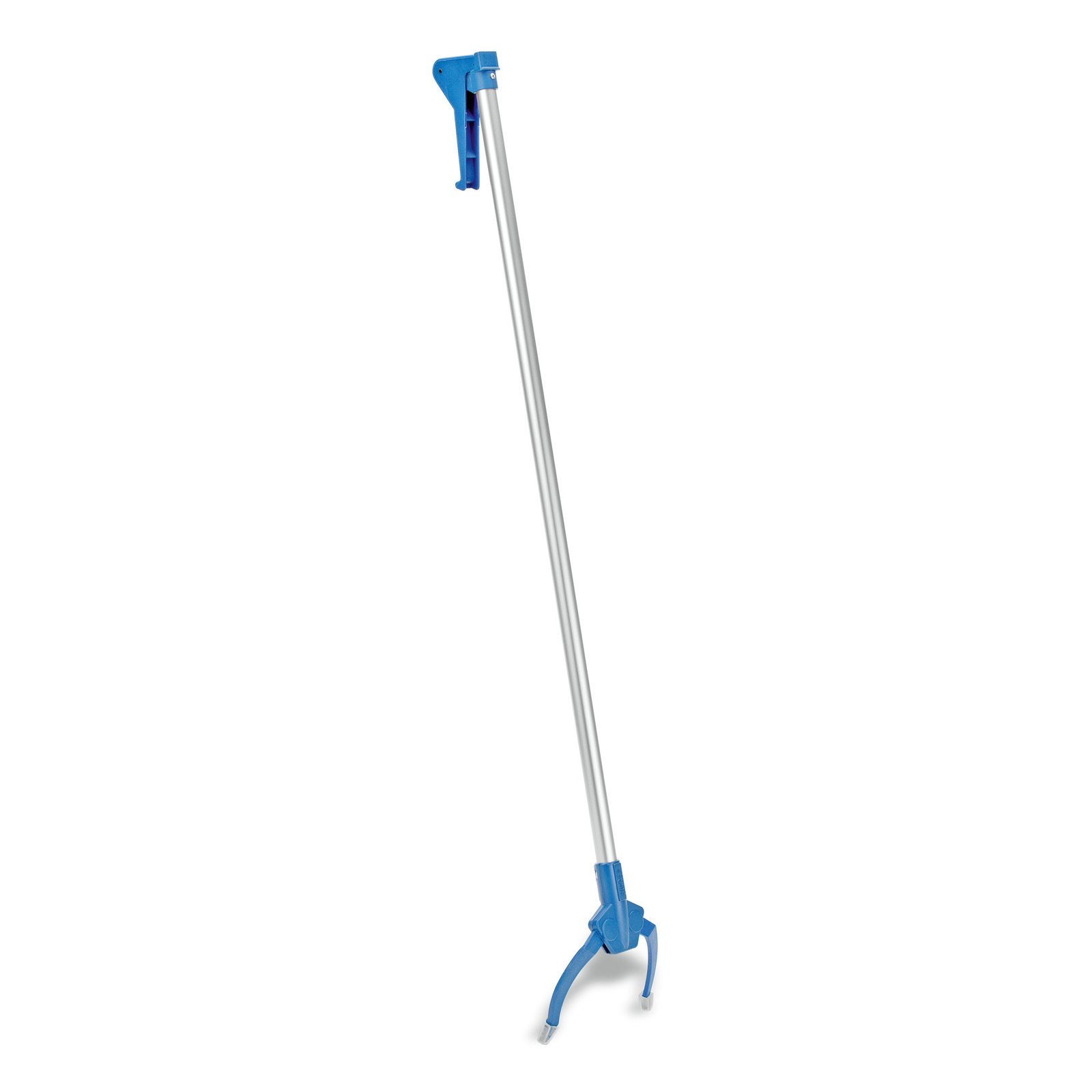 Long-handled blue and silver grabber tool with a trigger mechanism and rubber-tipped claws.