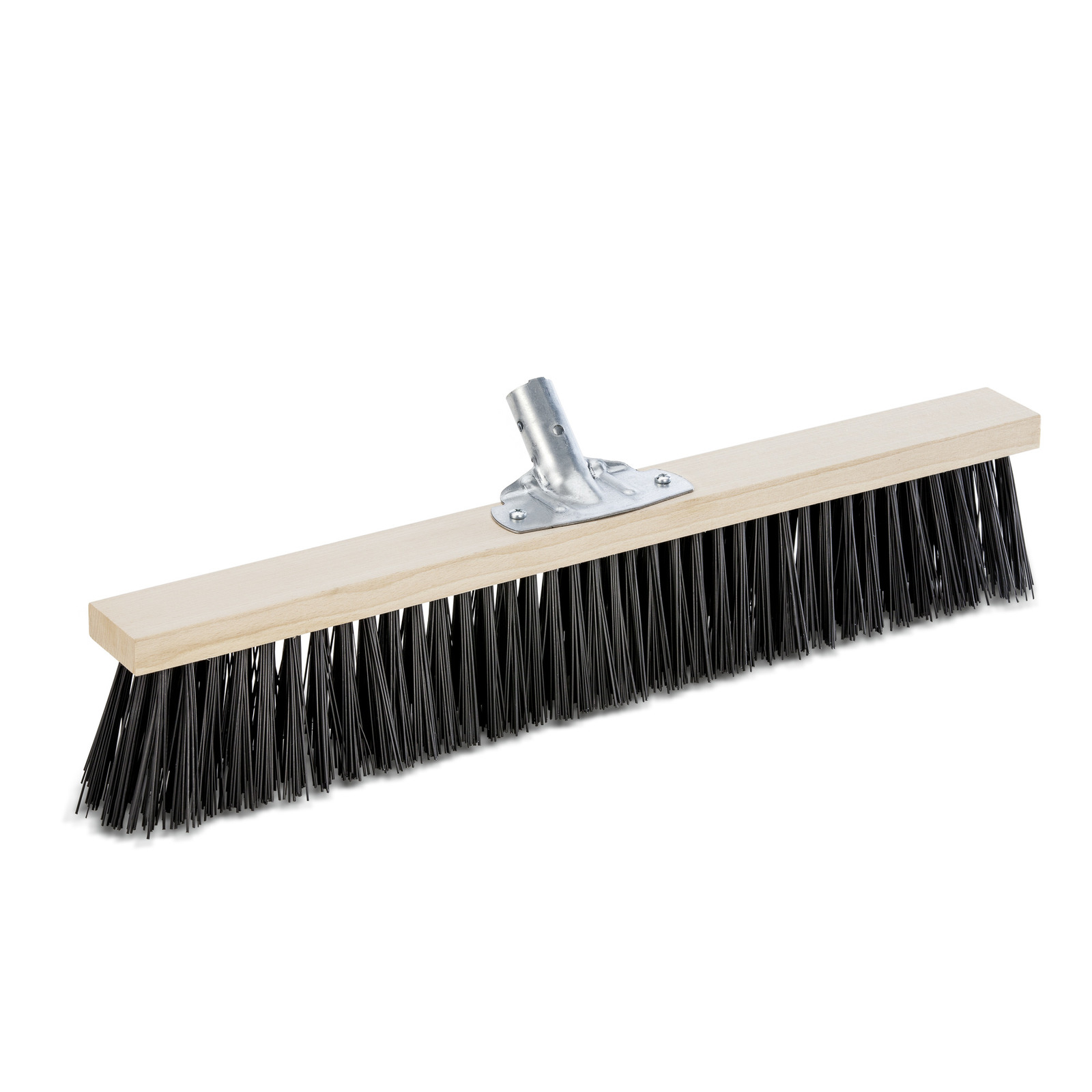 Wooden broom head with black bristles and a metal handle attachment.
