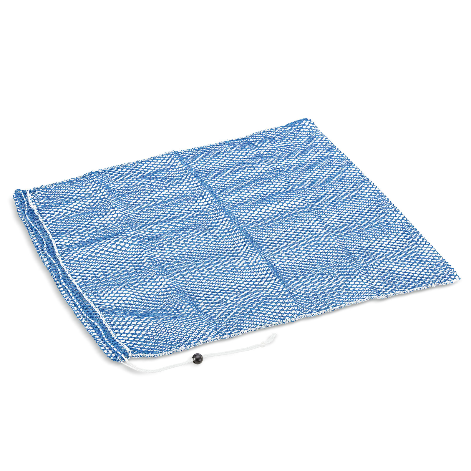 Blue mesh bag with drawstring closure, laid flat on a white background. Blue mesh bag with drawstring closure, laid flat on a white background.