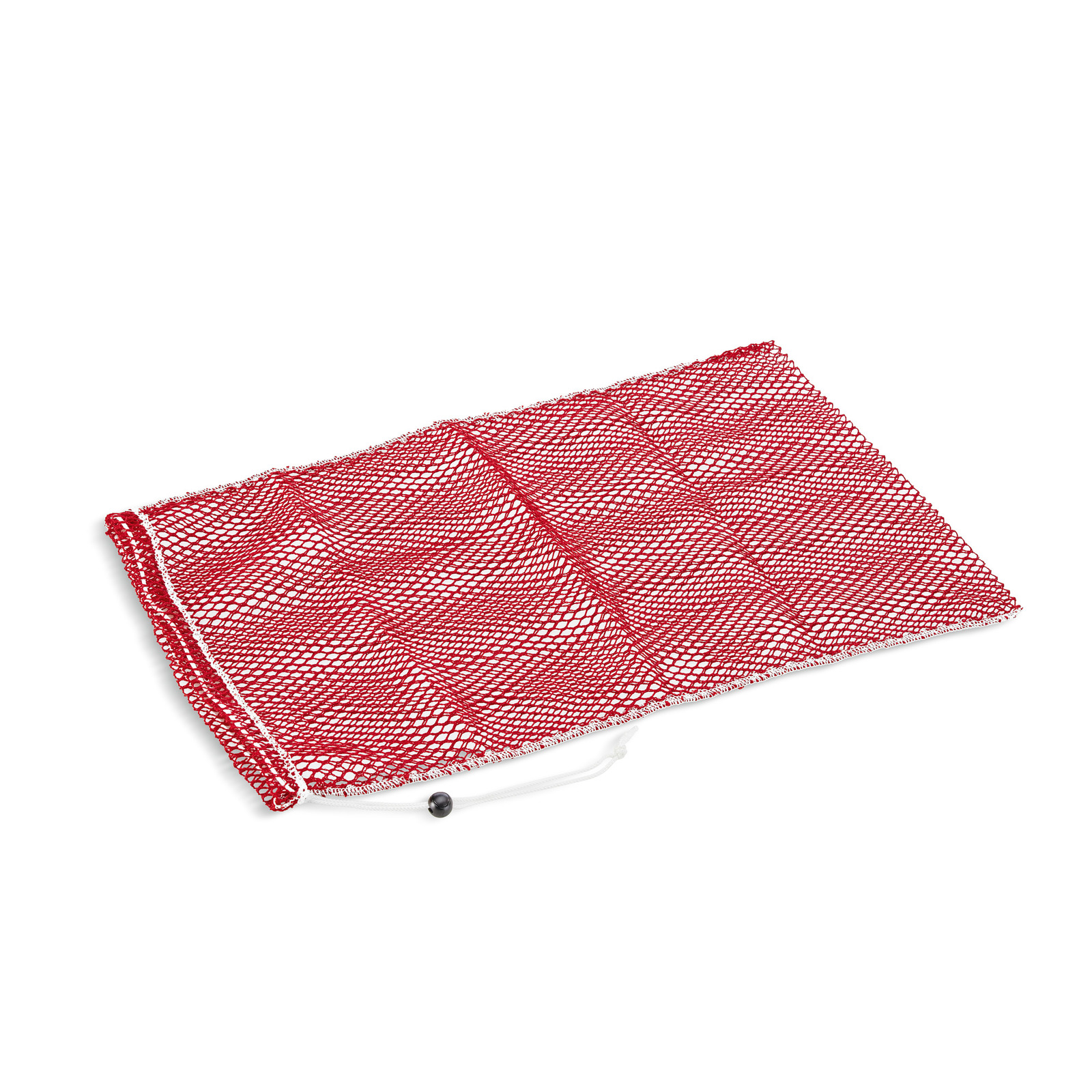 Red mesh drawstring bag with white cord and black toggle, laid flat on a white background. Red mesh drawstring bag with white cord and black toggle, laid flat on a white background.