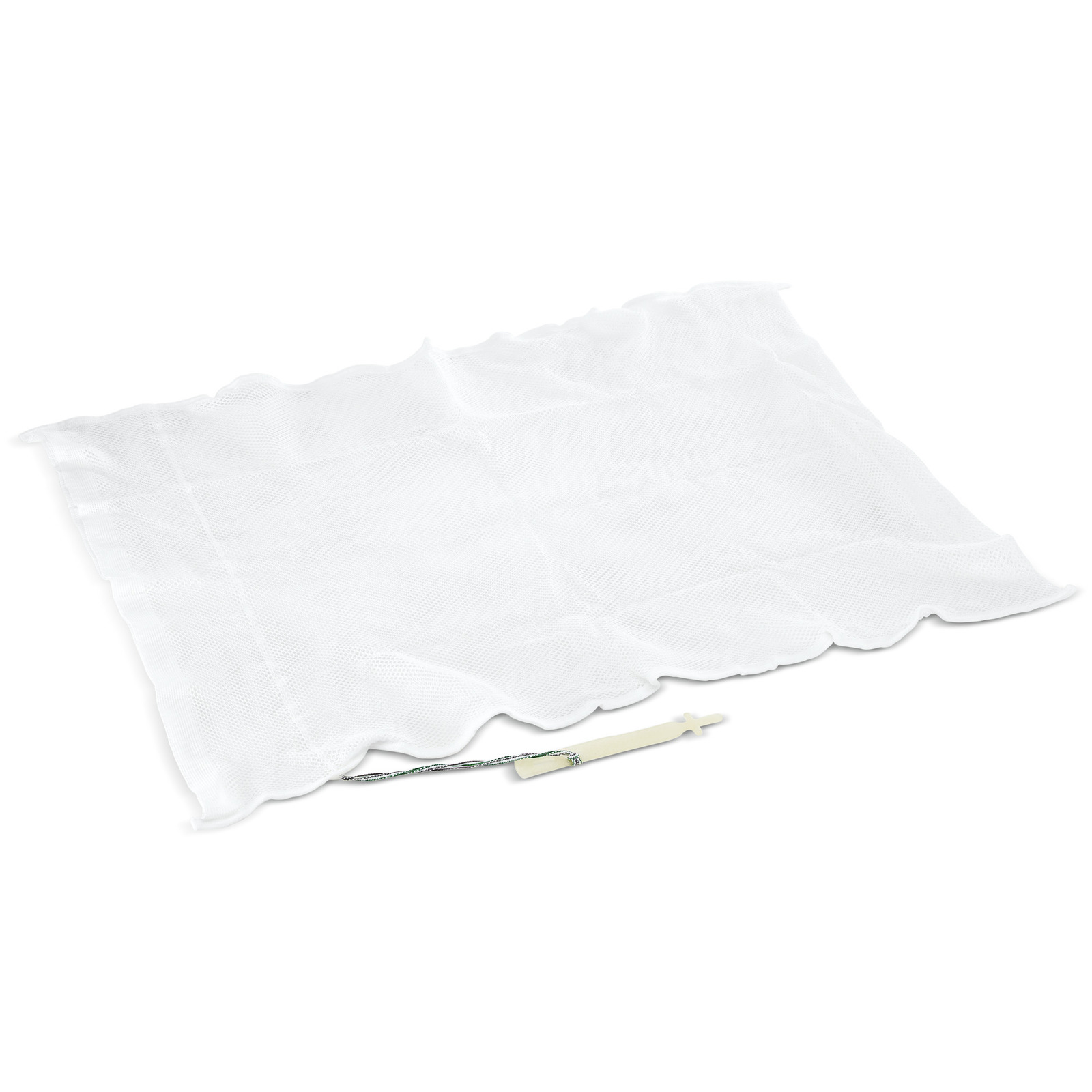 White mesh fabric with a plastic tag and string attached, laid flat on a white surface. White mesh fabric with a plastic tag and string attached, laid flat on a white surface.