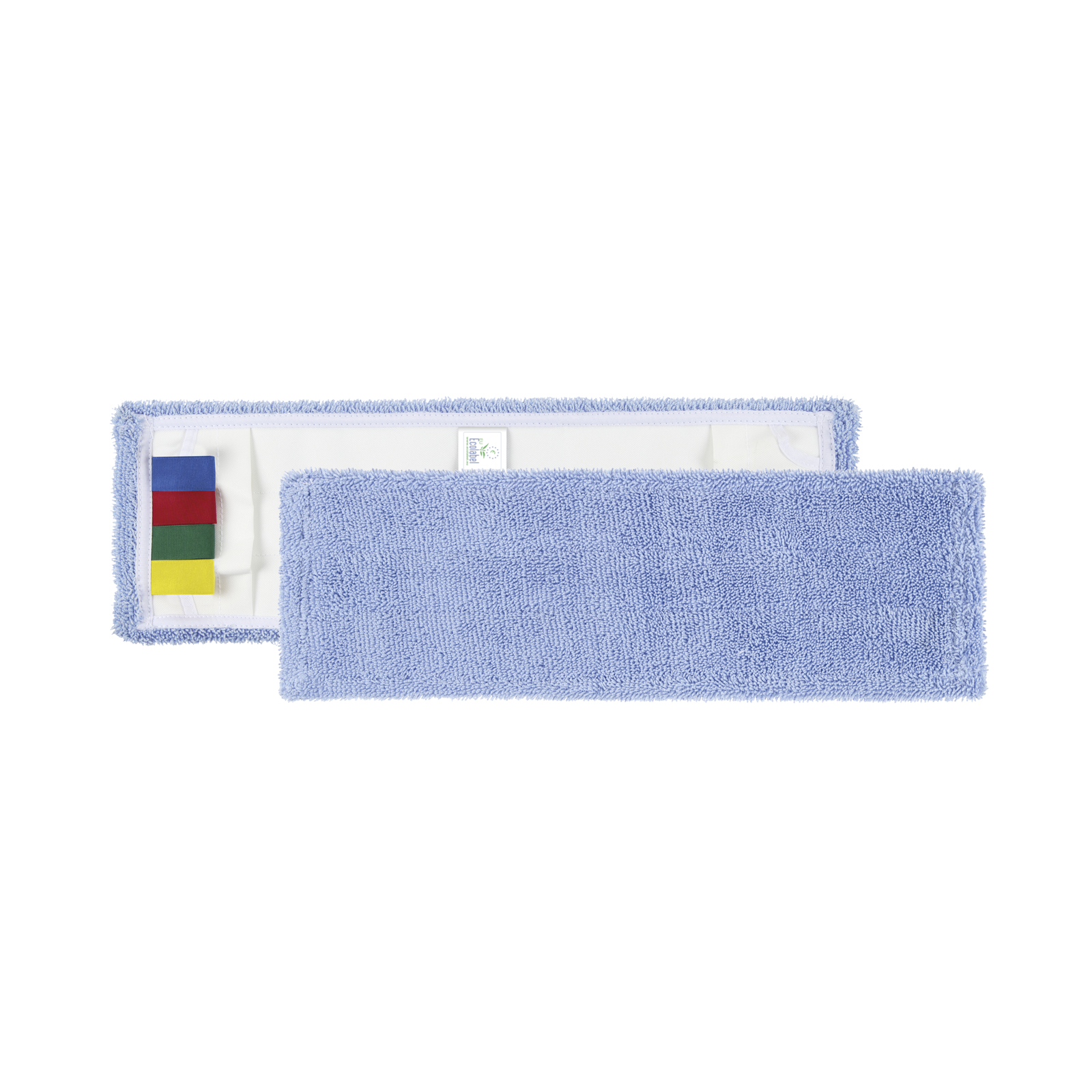 Pad de curățare albastru din microfibră, cu etichete colorate pe margine, pe fundal alb.