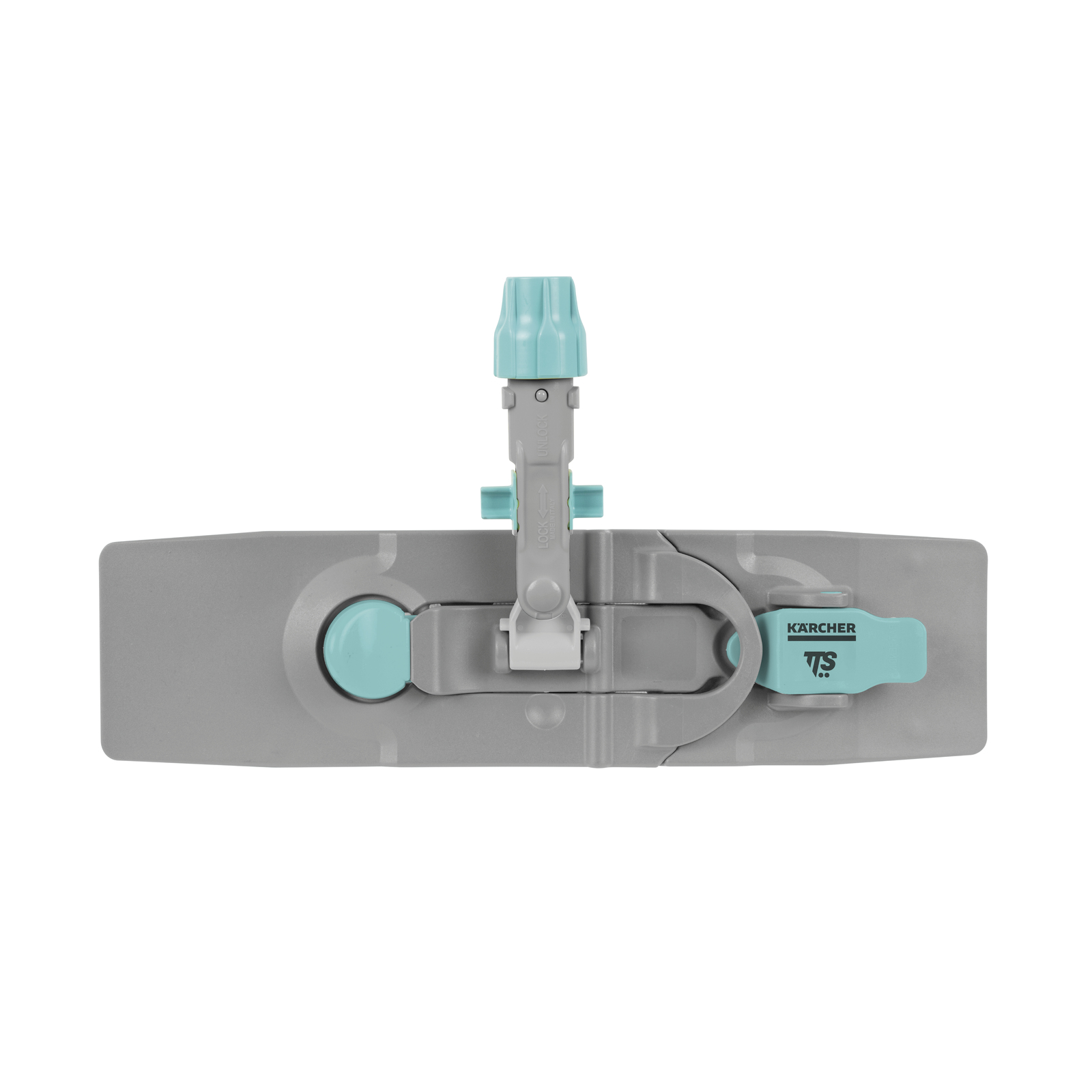 Kärcher mop head with grey base and turquoise accents, viewed from above. Kärcher mop head with grey base and turquoise accents, viewed from above.
