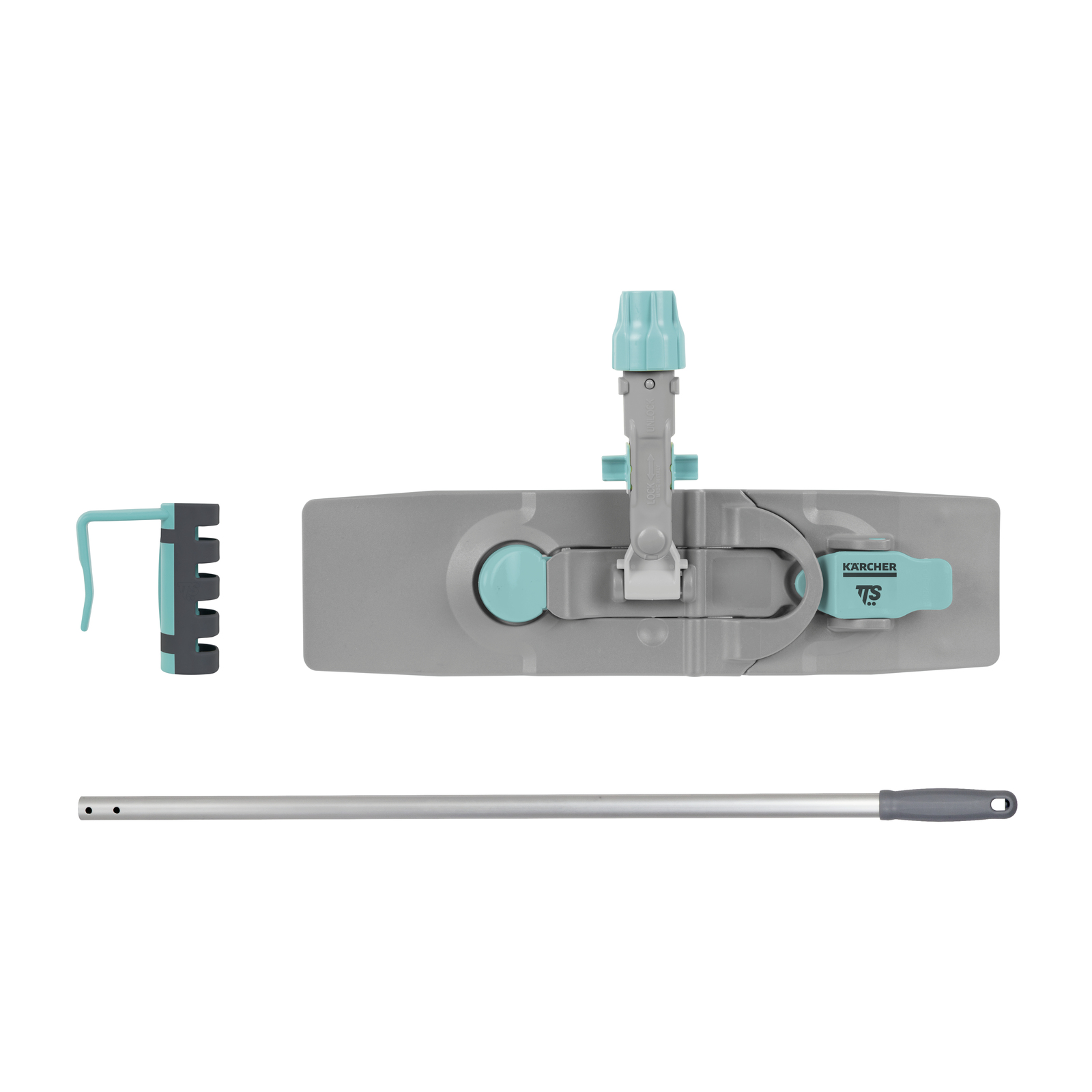 Kärcher mop head with turquoise accents, detachable handle, and wall mount bracket on a white background. Kärcher mop head with turquoise accents, detachable handle, and wall mount bracket on a white background.
