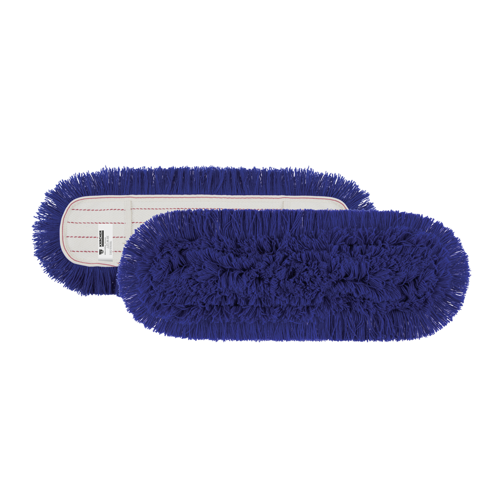 Two blue rectangular mop heads with dense fibres, one facing up showing the label, the other facing down.