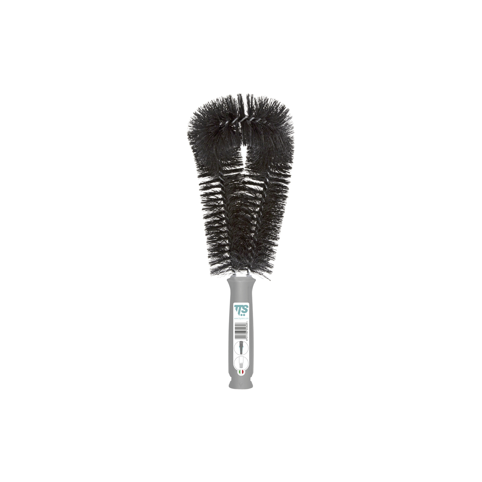 Grey-handled bottle brush with dense black bristles, featuring a curved design for cleaning. Grey-handled bottle brush with dense black bristles, featuring a curved design for cleaning.